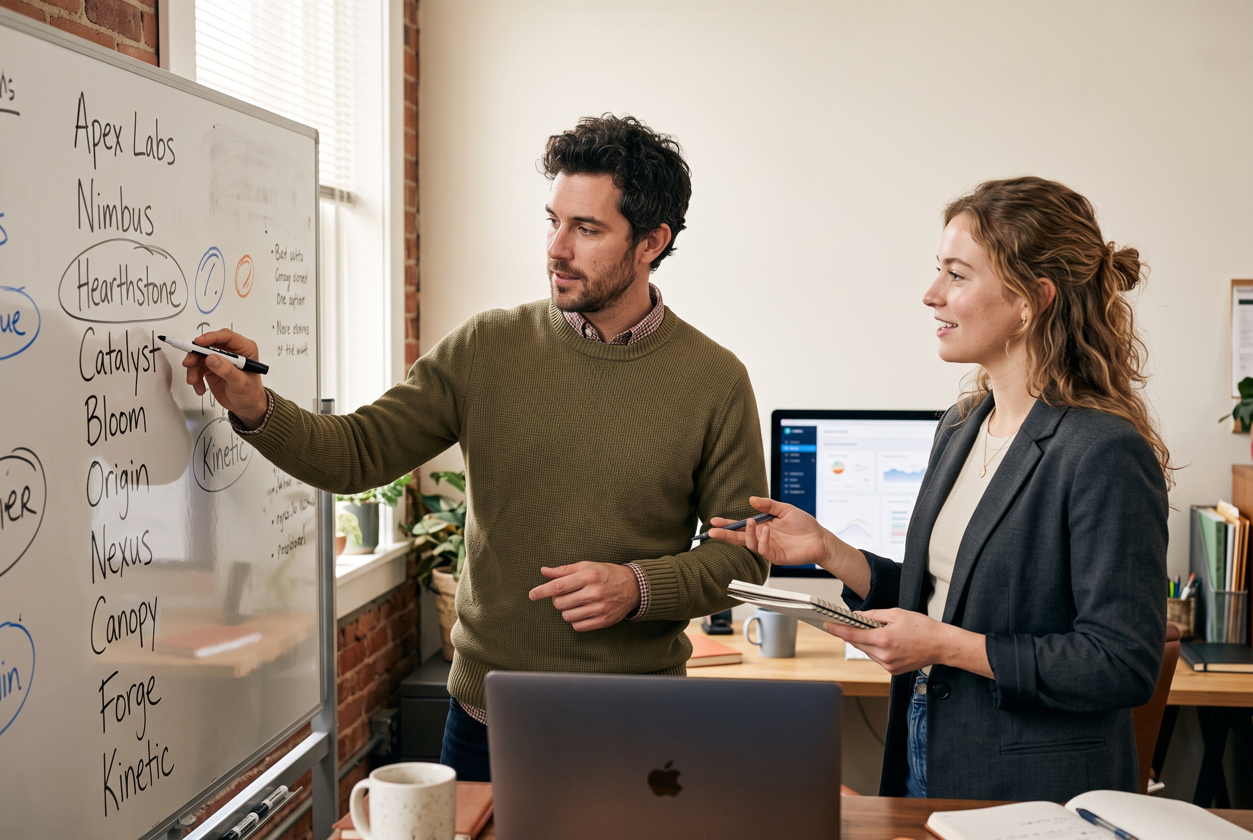 Two business partners comparing handwritten name options on a whiteboard in a small shared office