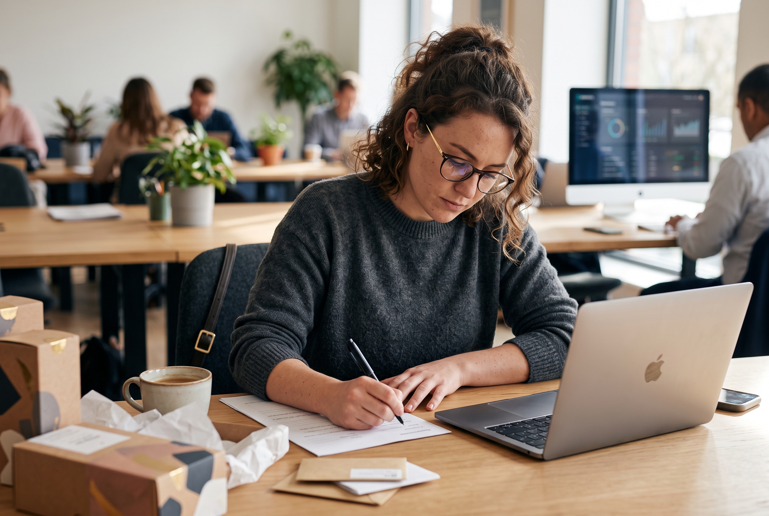 Entrepreneur filling out registration paperwork at a desk with a laptop, coffee, and branded packaging samples