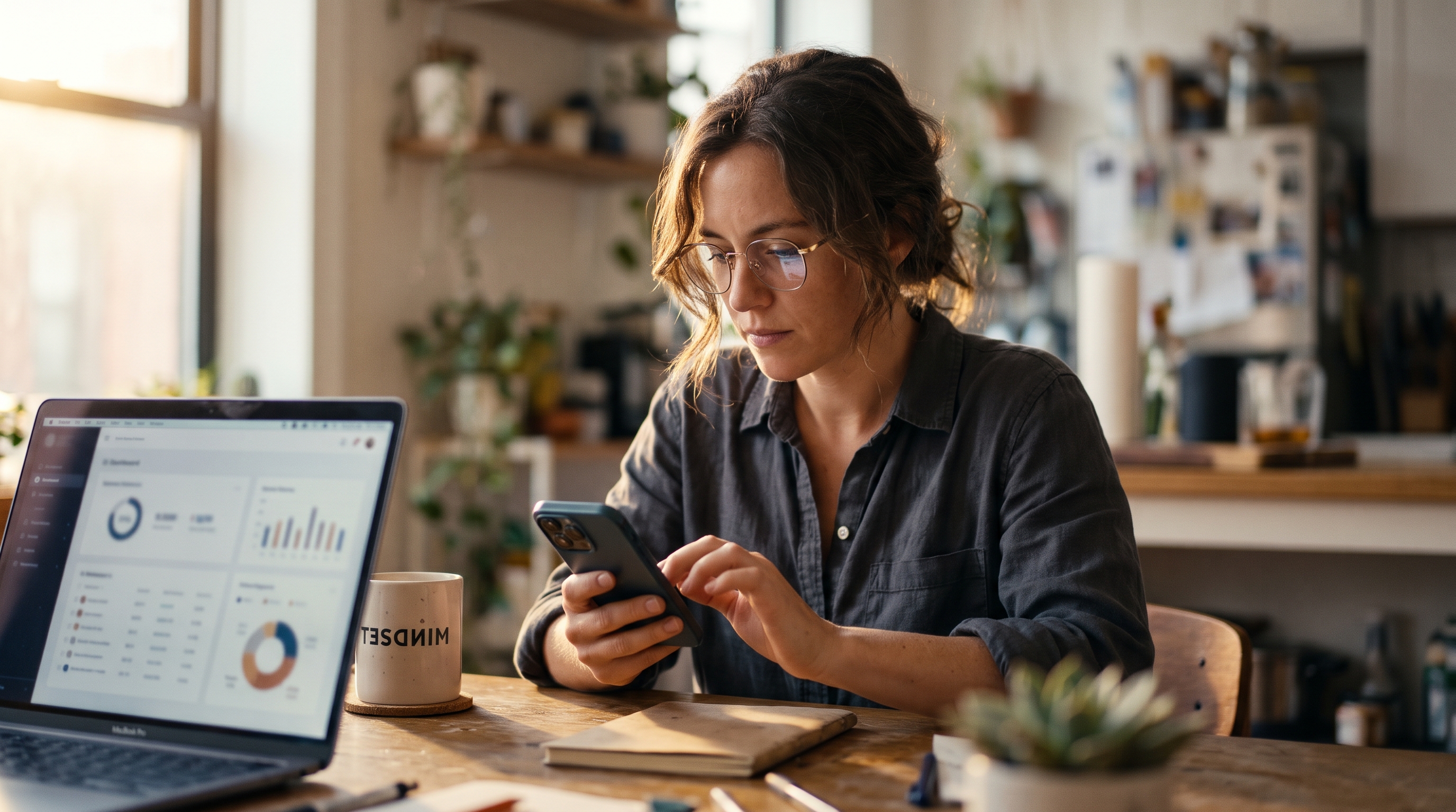 Founder typing a business name into the Instagram search bar on a phone while seated at a kitchen table with a laptop open