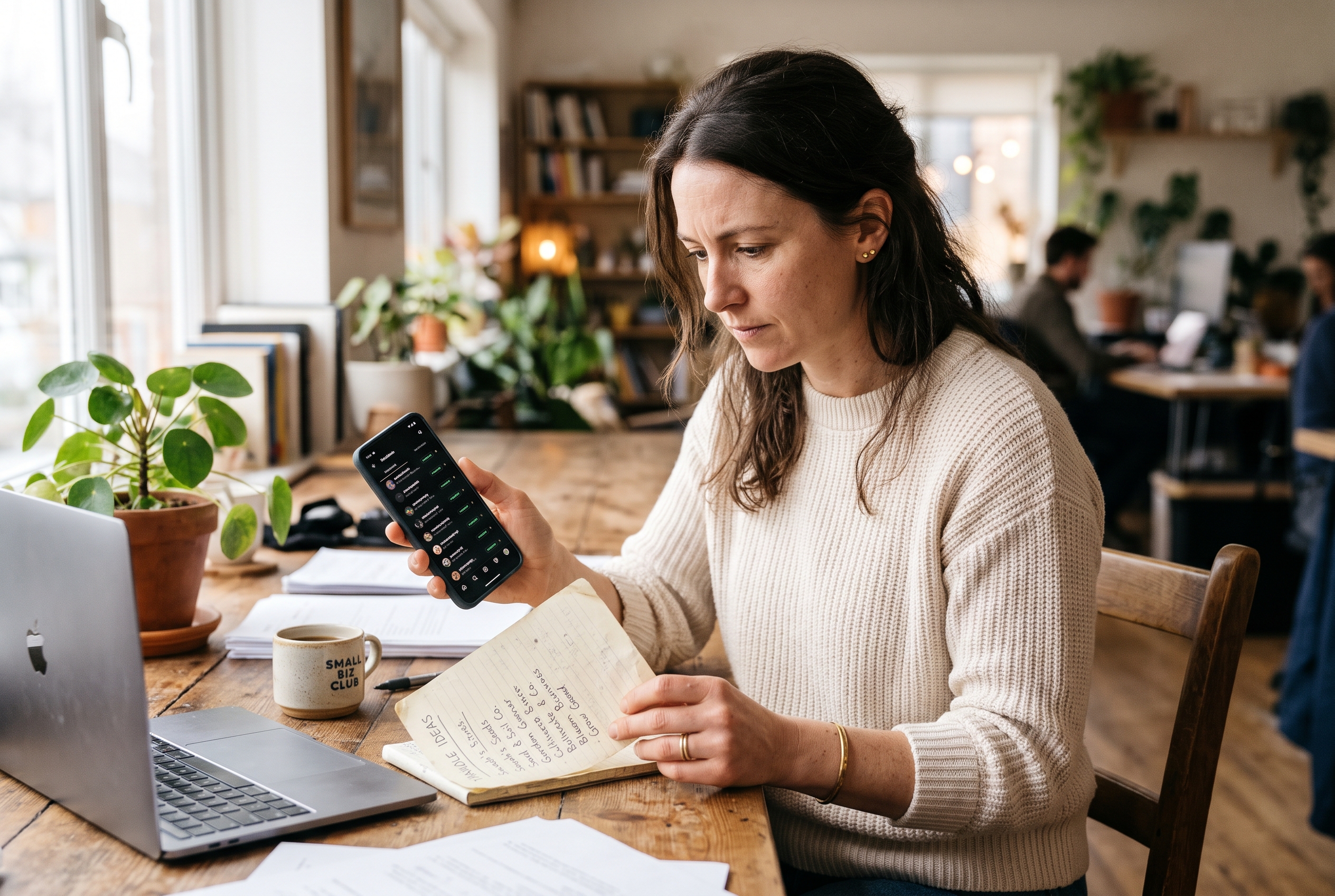 Small business owner comparing a handwritten list of handle ideas against her phone screen at a wooden desk