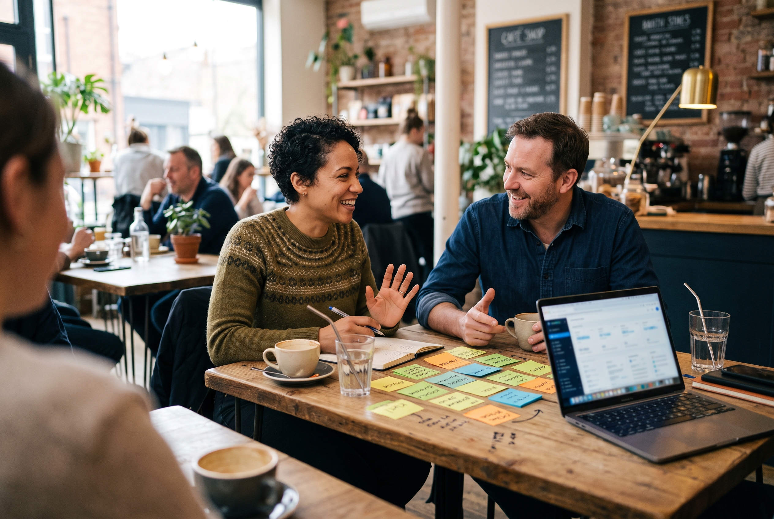 Two co-founders at a cafe table reviewing possible brand names on sticky notes next to an open laptop