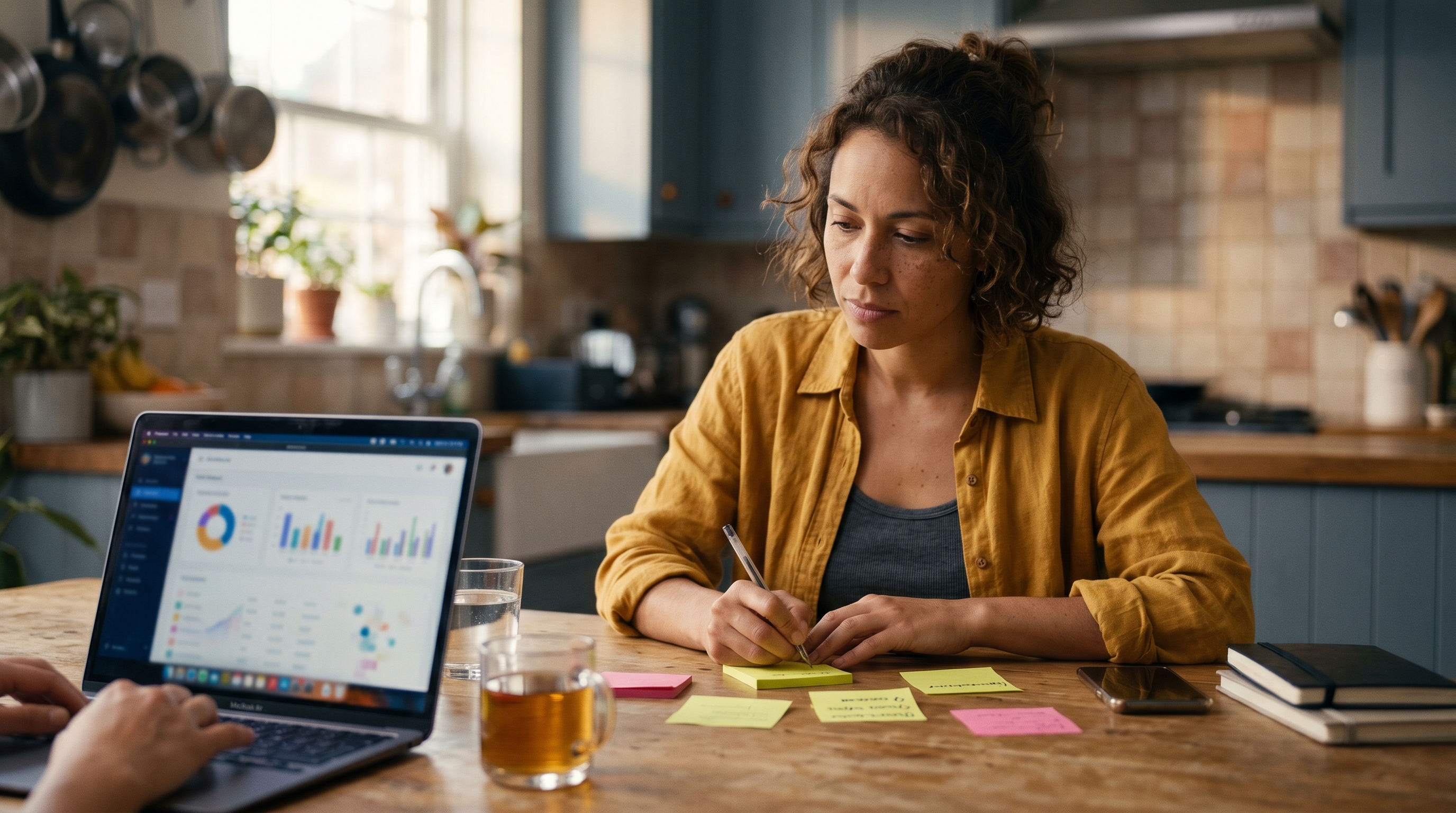 Small business owner writing domain name ideas on sticky notes at a kitchen table with a laptop open beside her