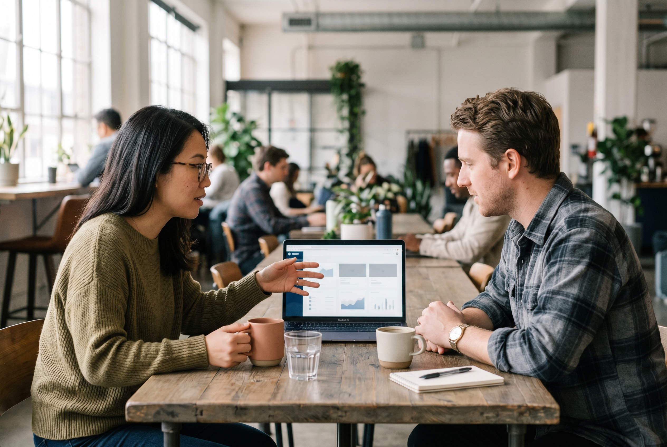 Two founders comparing domain options on a laptop screen in a bright coworking space with coffee cups on the table