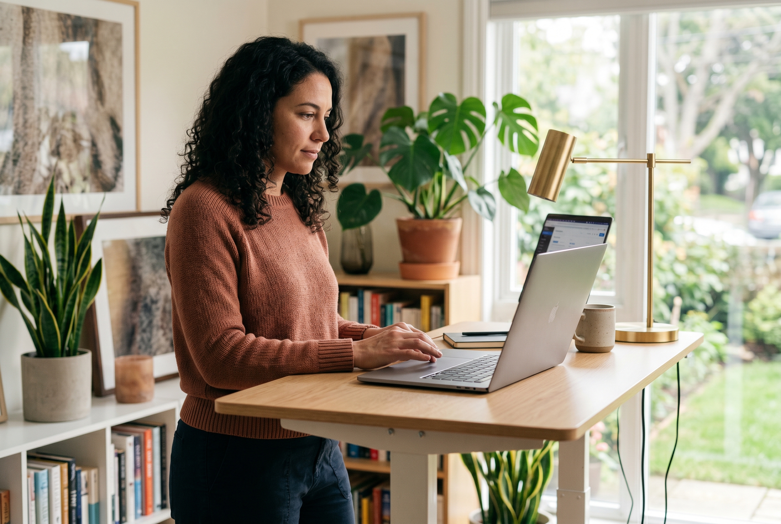 Person checking domain extension prices on a laptop at a standing desk in a home office near a window