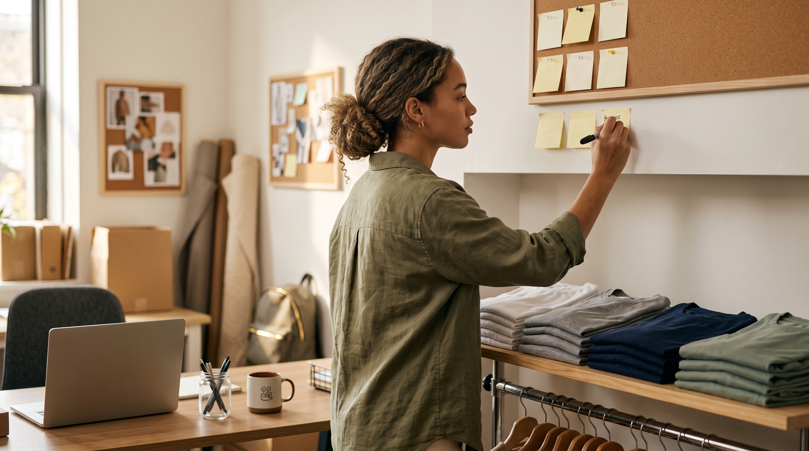 Founder writing clothing brand name ideas on sticky notes pinned above a rack of folded t-shirts in a small studio