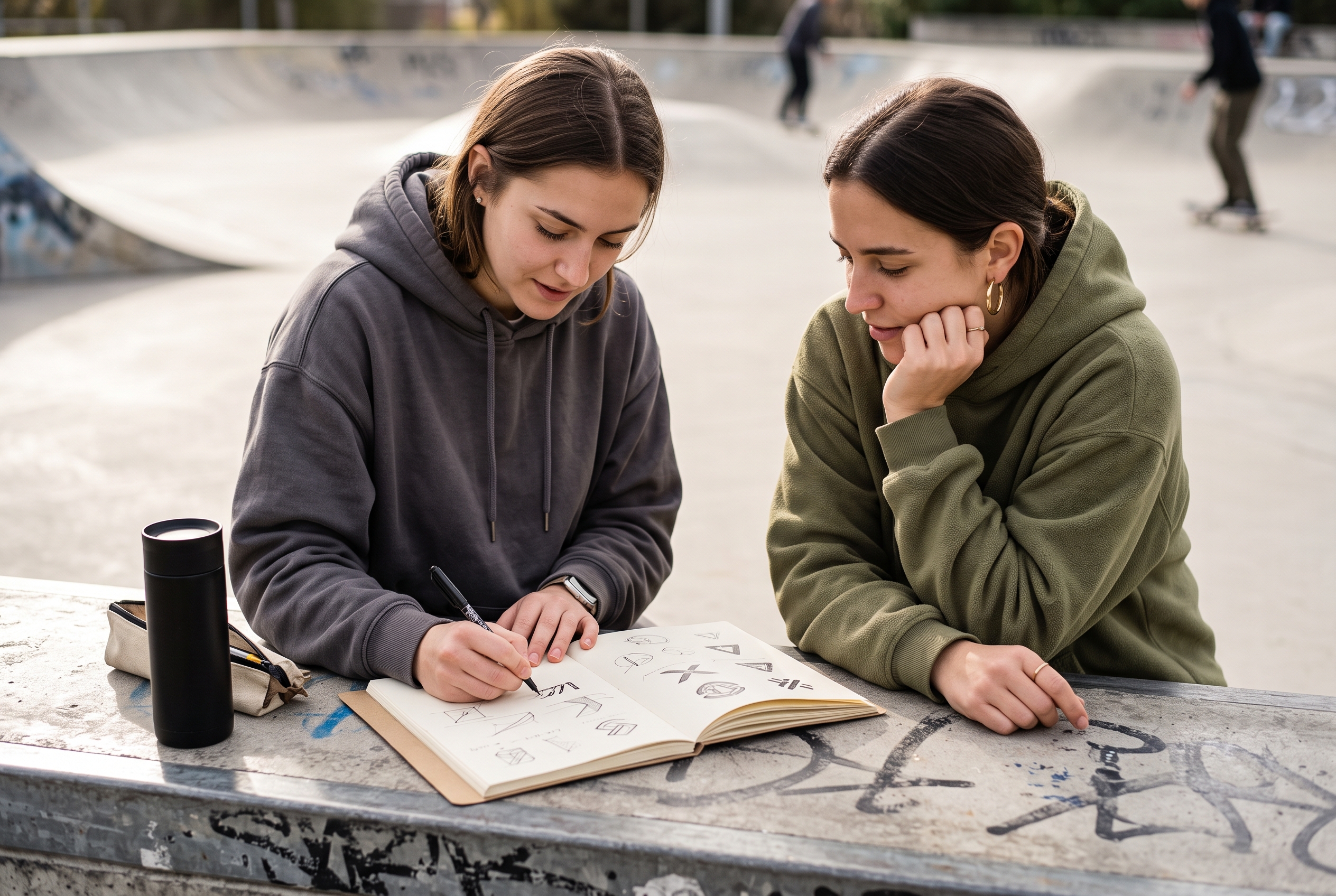 Two friends in oversized hoodies sketching logo ideas on a sketchbook at a concrete skate park bench