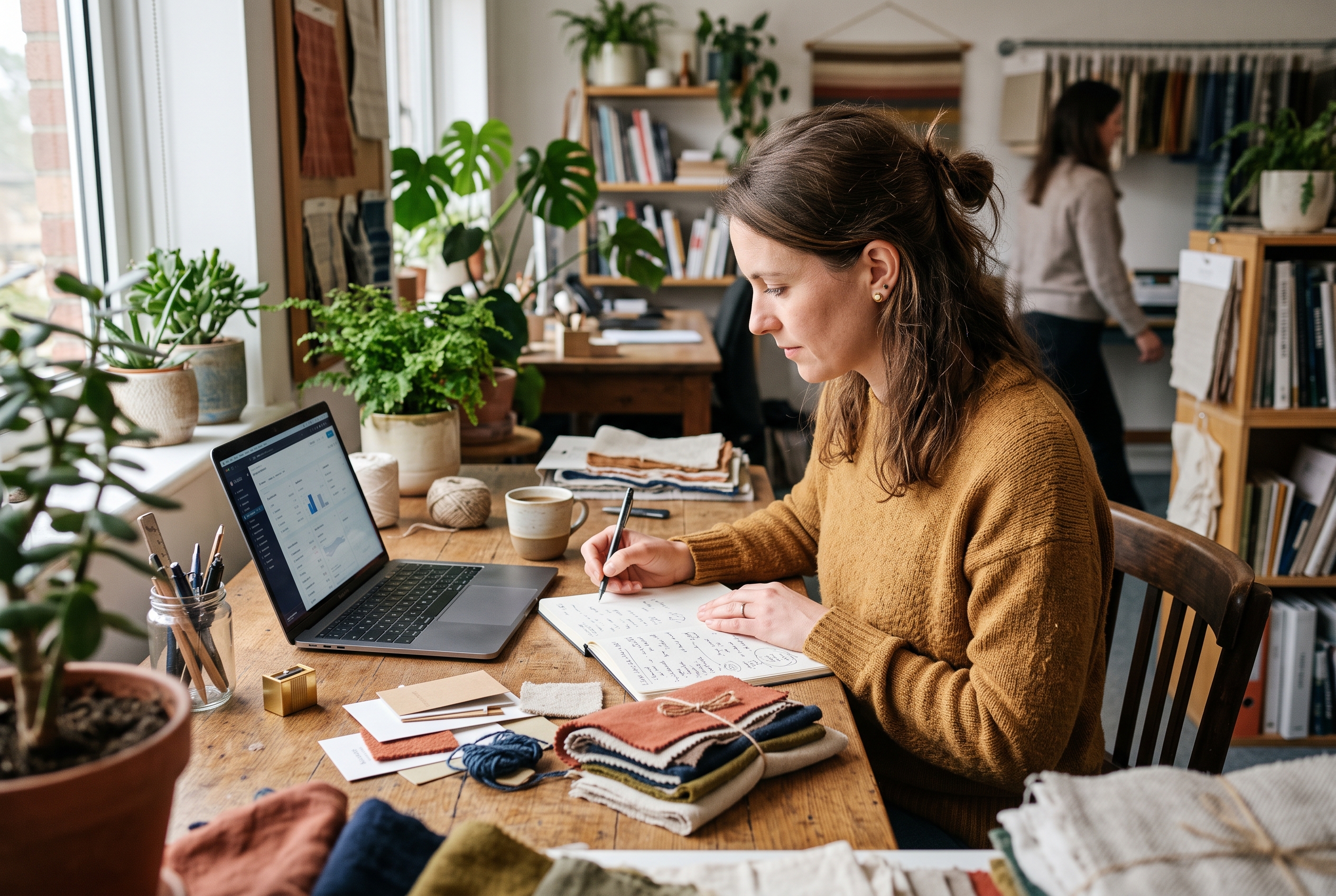Woman at a wooden desk with laptop and fabric swatches testing brand name options with a notebook open