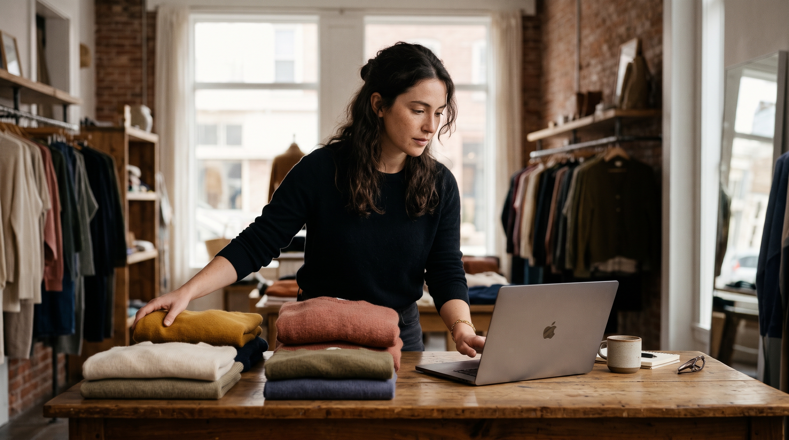 Boutique owner arranging folded sweaters on a wooden table while reviewing her collection page on a laptop