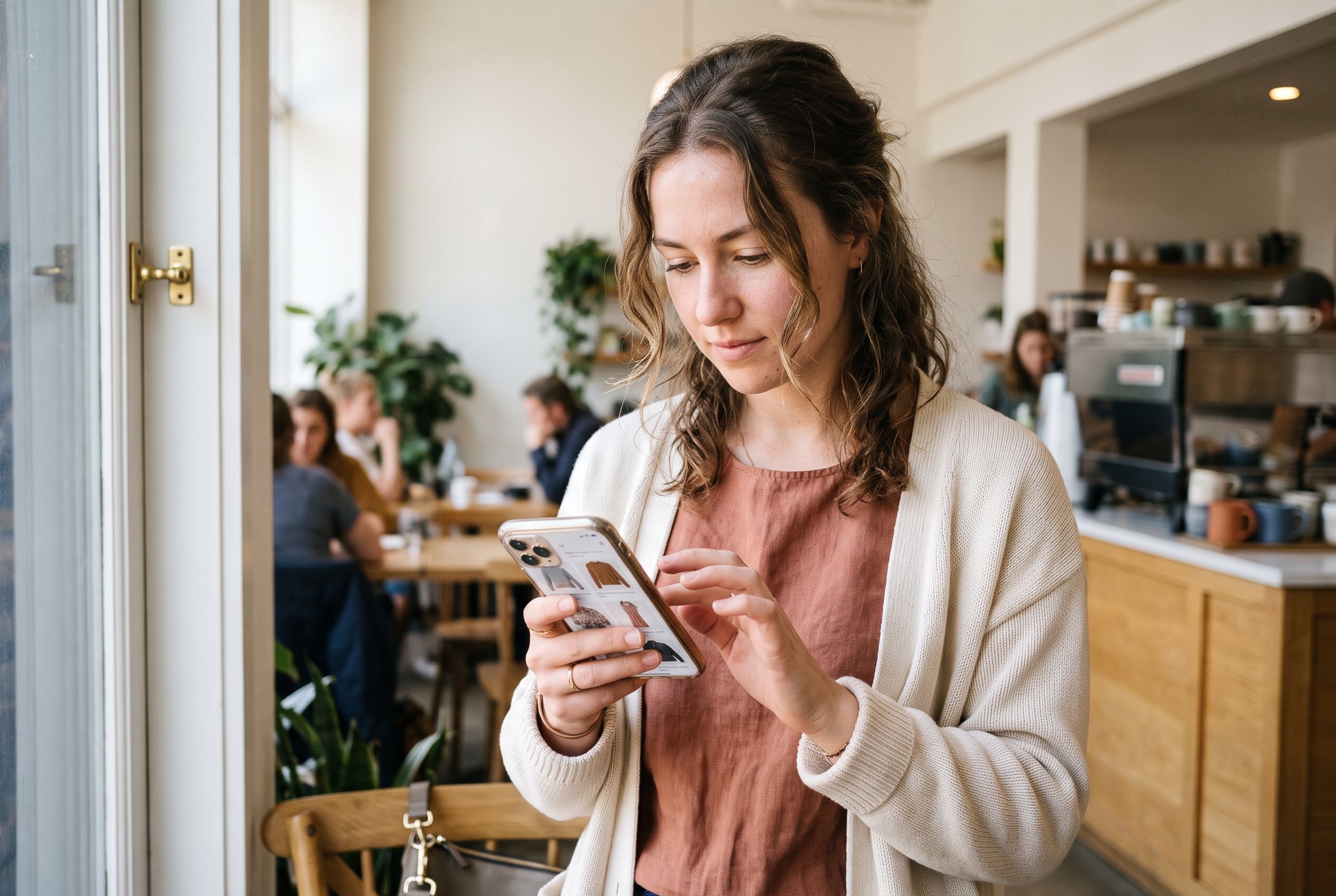 Shopper scrolling a two-column clothing product grid on her phone while standing in a bright cafe