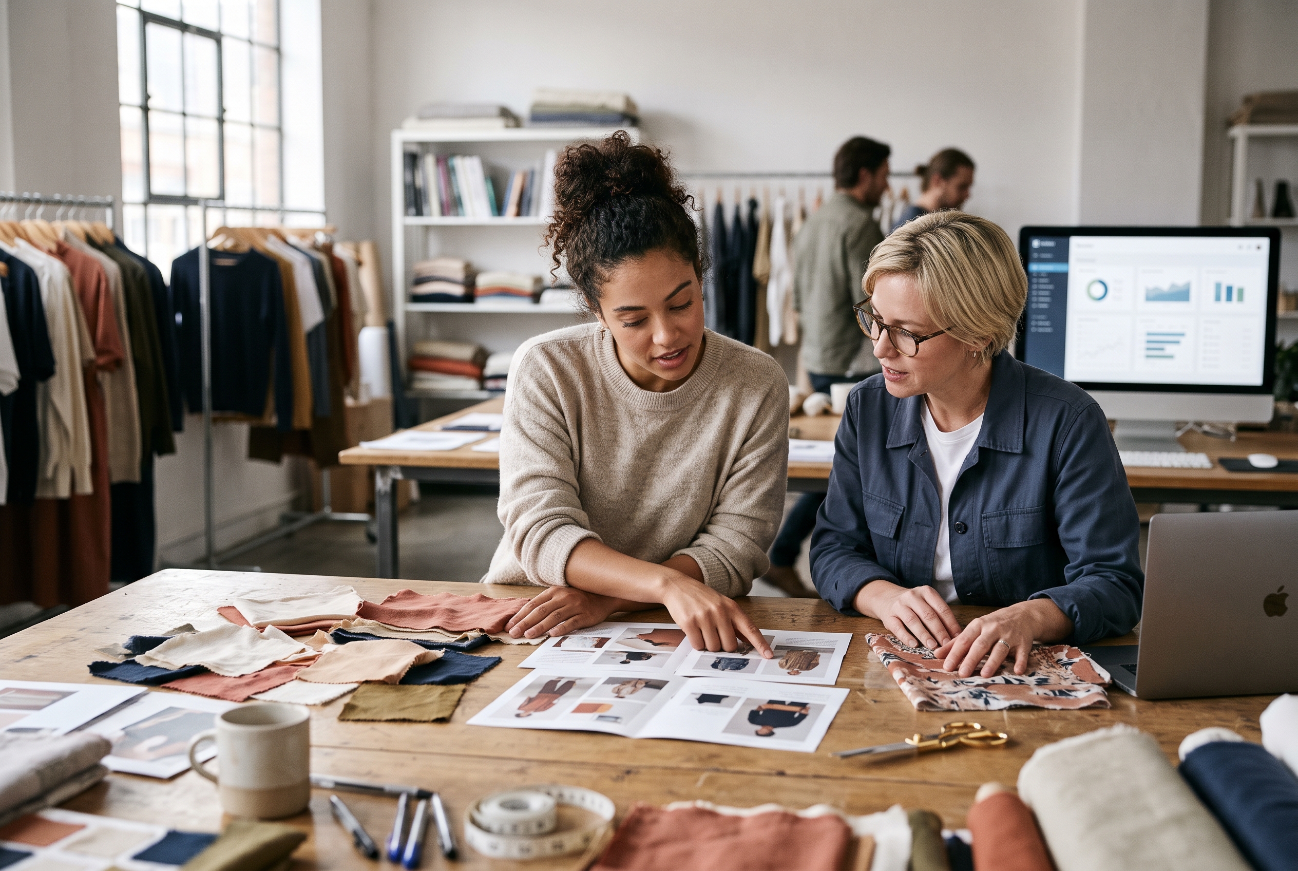 Two boutique staff members comparing printed collection page layouts spread across a studio table with fabric swatches