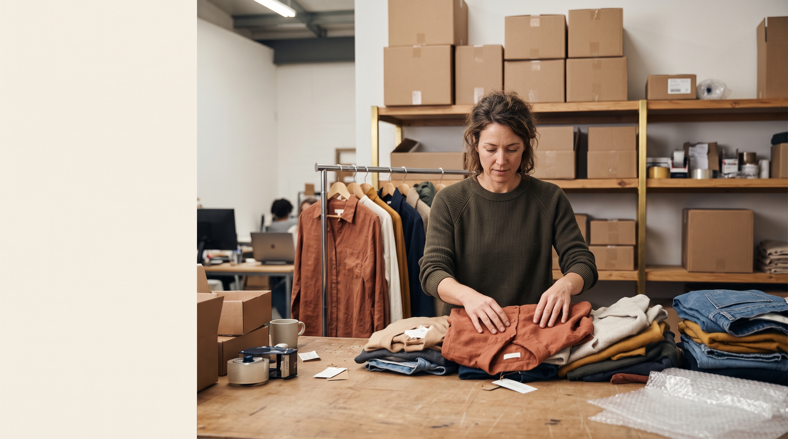 Clothing store owner sorting returned garments on a packing table in a small warehouse with shipping boxes behind her