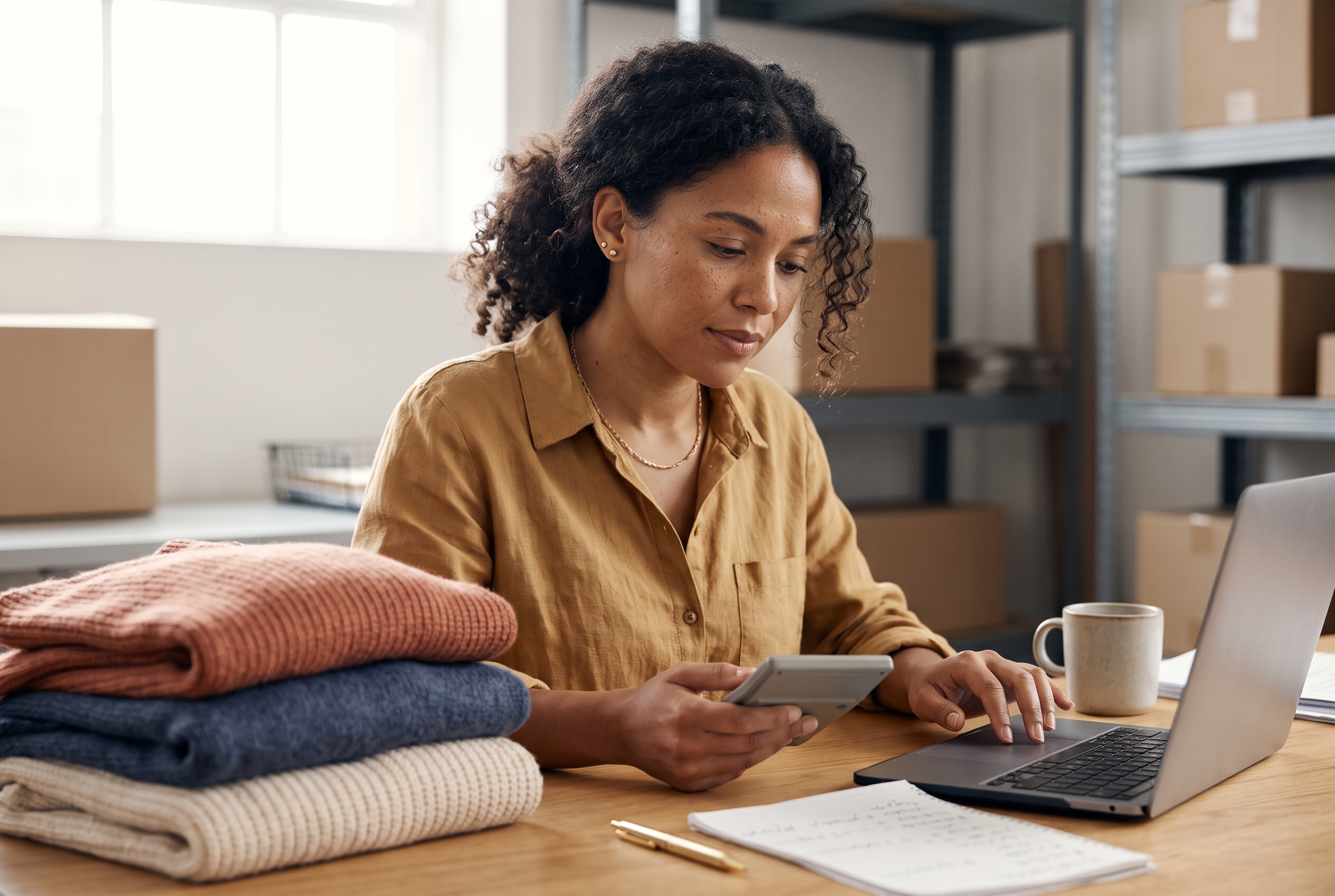 Merchant at a desk with a calculator and laptop working through return costs next to a stack of folded returned sweaters