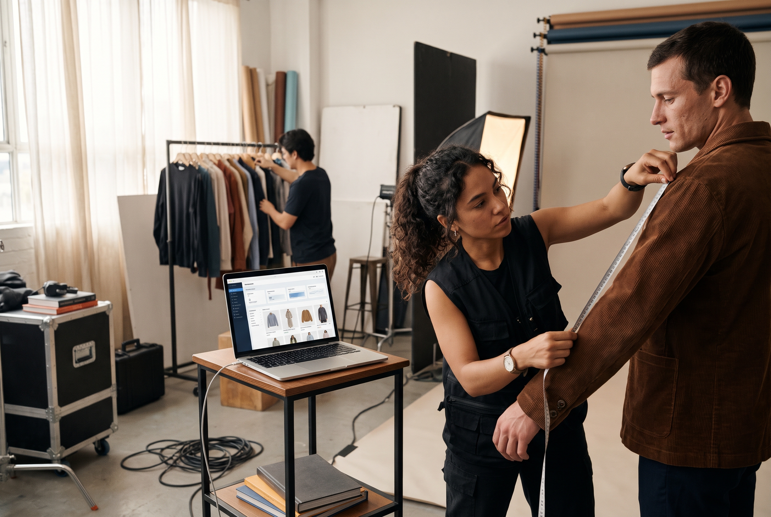 Photographer measuring a model's jacket sleeve on a studio set while a laptop shows product photos for an online store