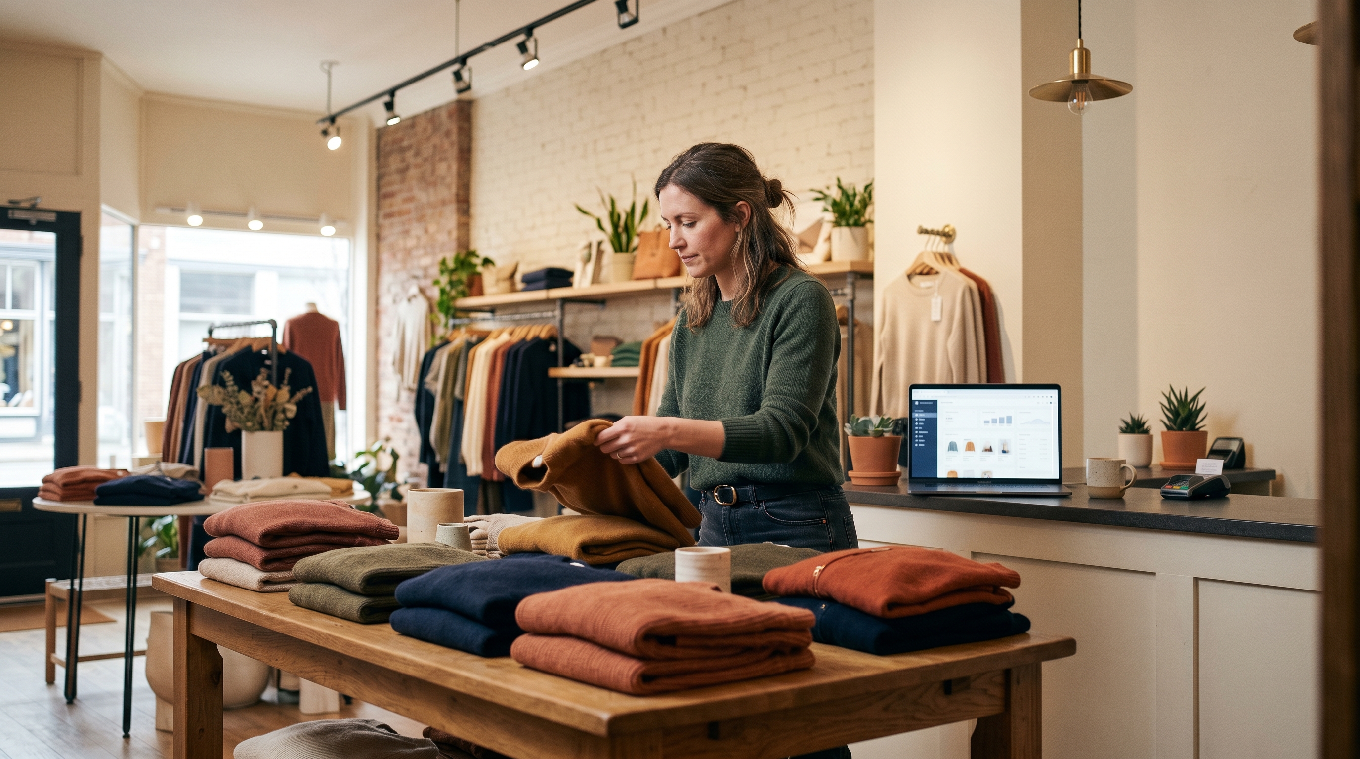 Boutique owner arranging folded sweaters on a wooden display table while reviewing a laptop on the counter