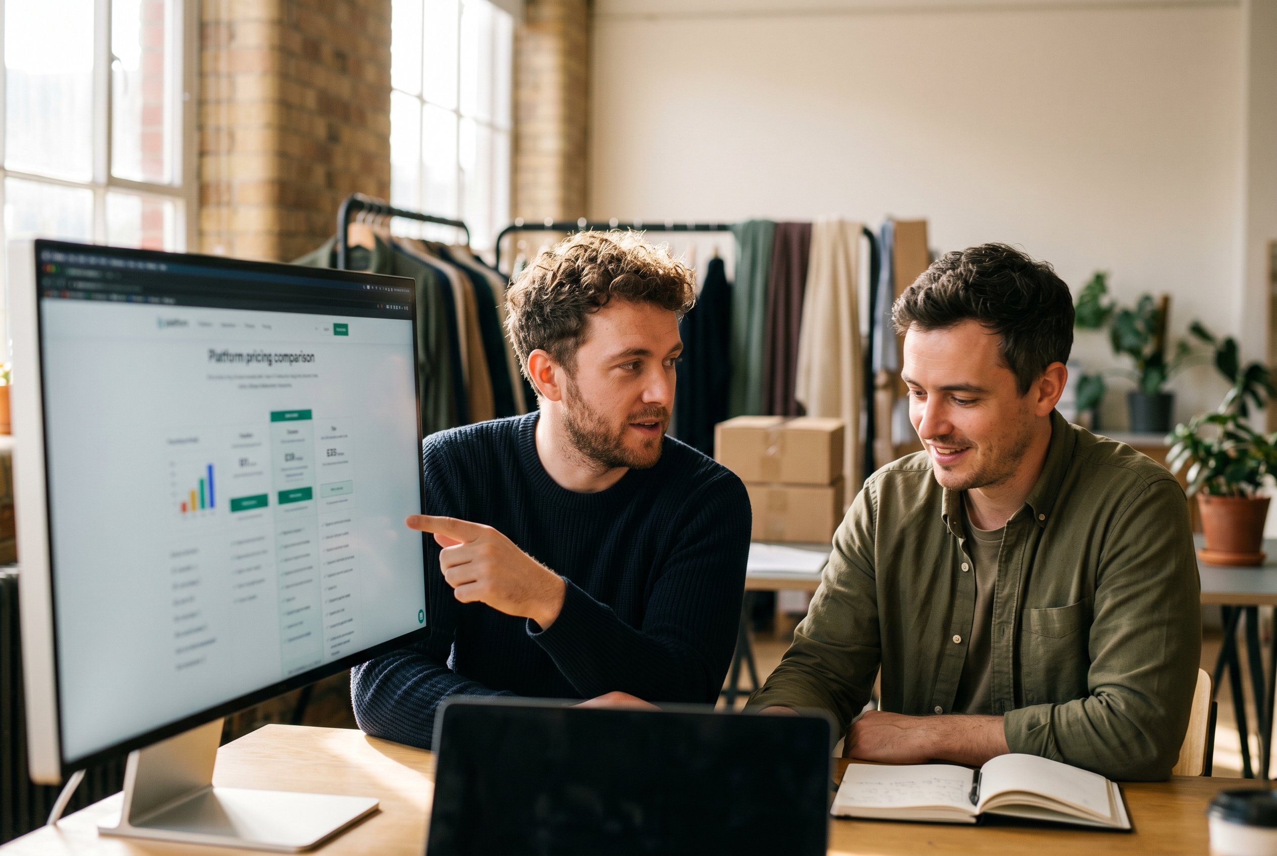 Two founders comparing platform pricing on a wide monitor in a sunlit studio with clothing racks behind them