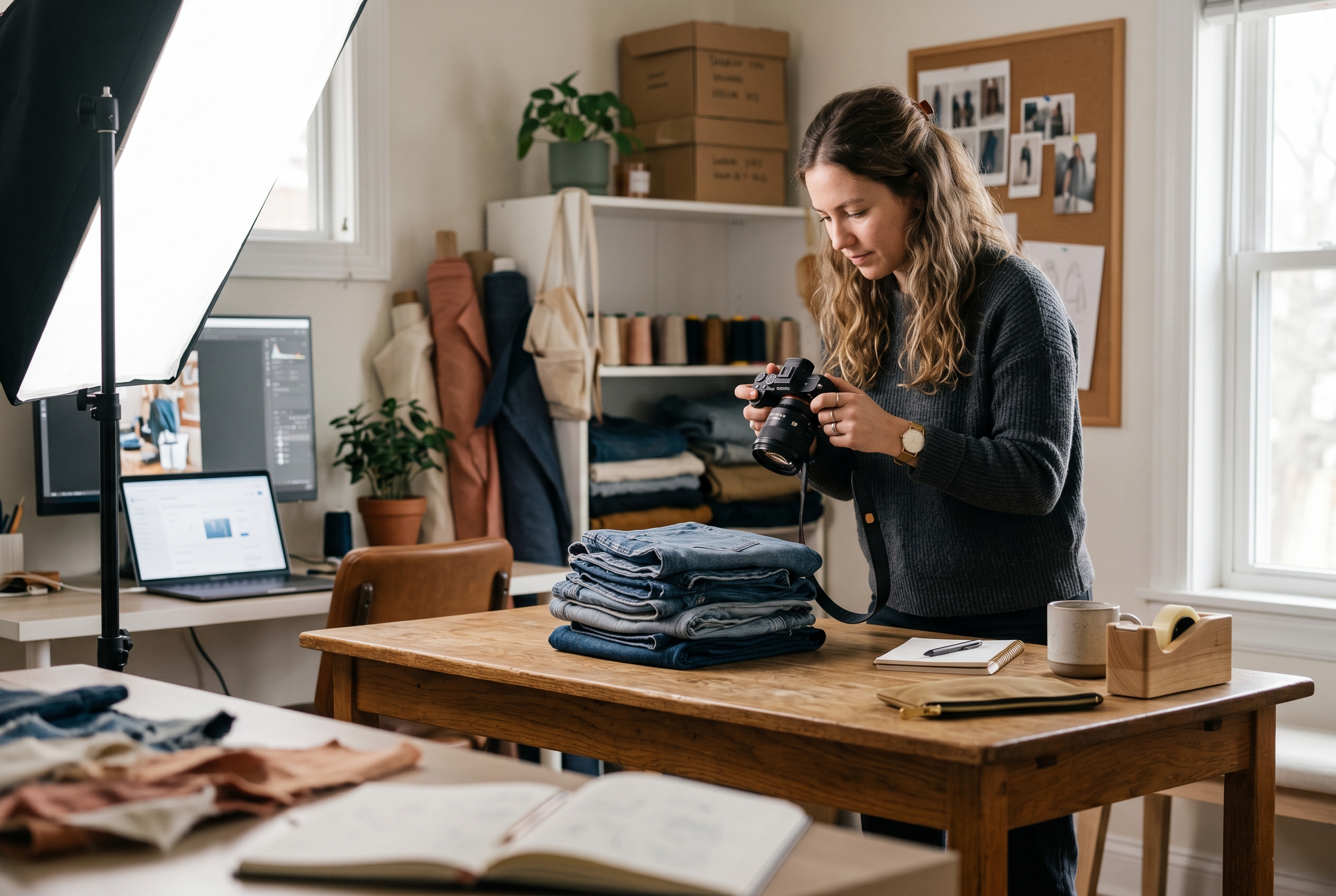 Small business owner photographing folded denim jeans on a table under a softbox light in a home studio