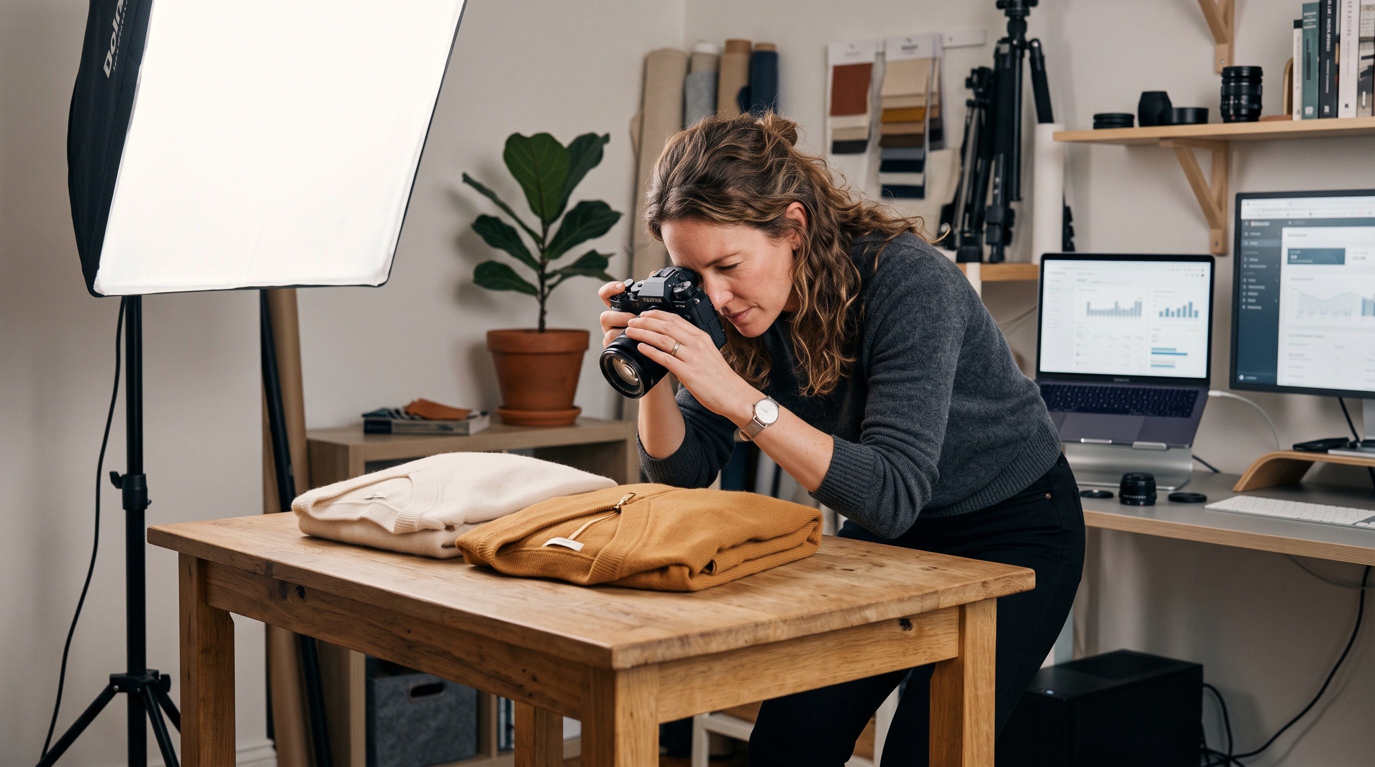 Founder photographing folded knitwear on a wooden table under a softbox light in a home studio