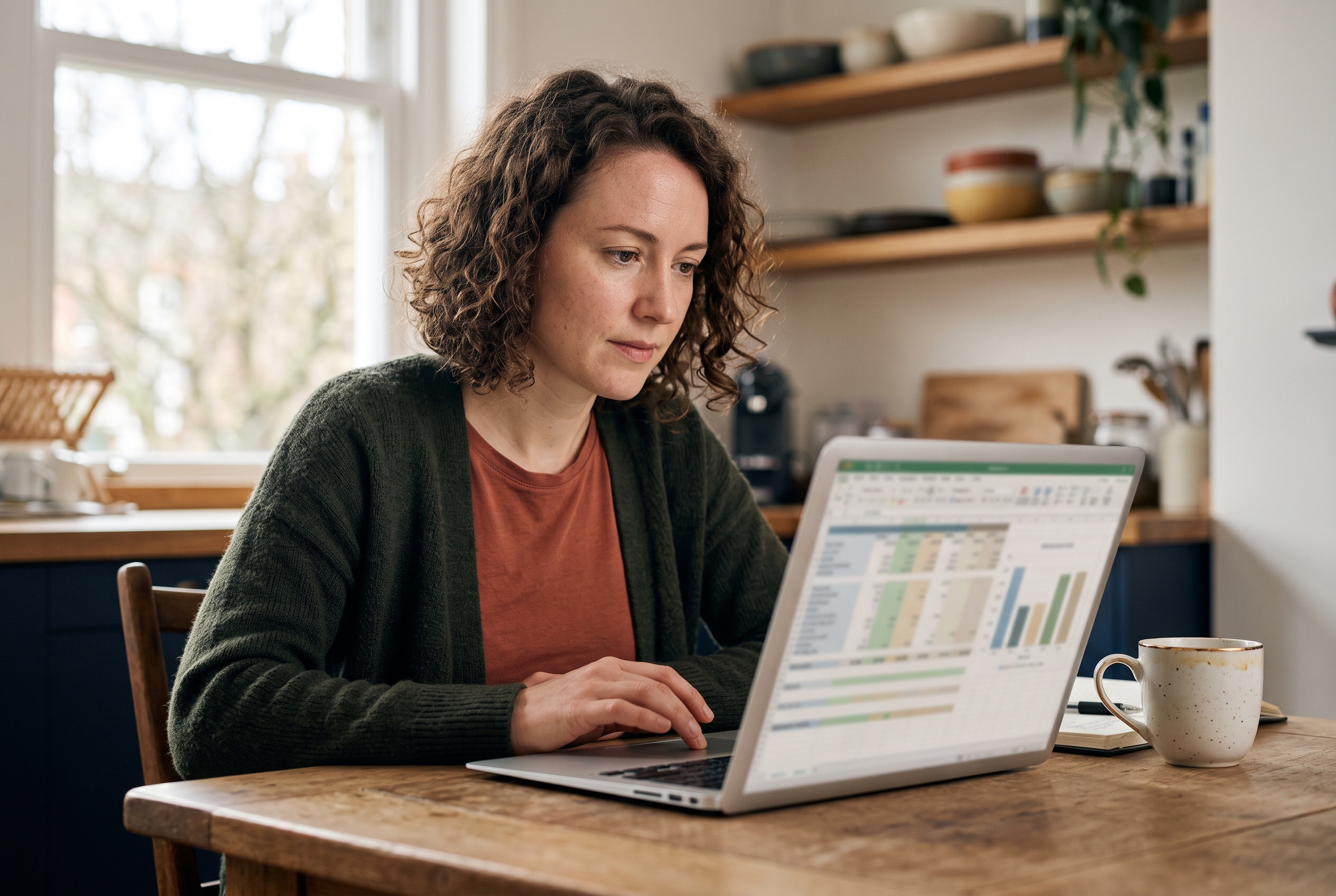 Small business owner reviewing a spreadsheet of monthly costs on a laptop at a kitchen table with coffee