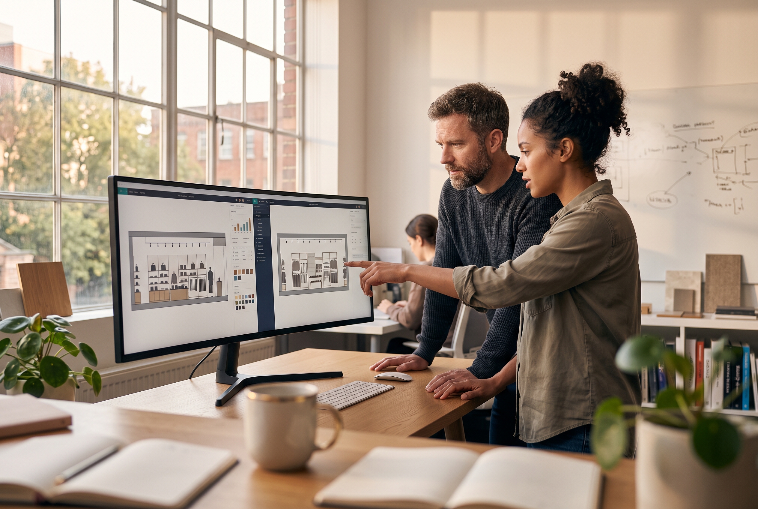 Two founders comparing store designs side by side on a wide monitor in a bright studio at golden hour