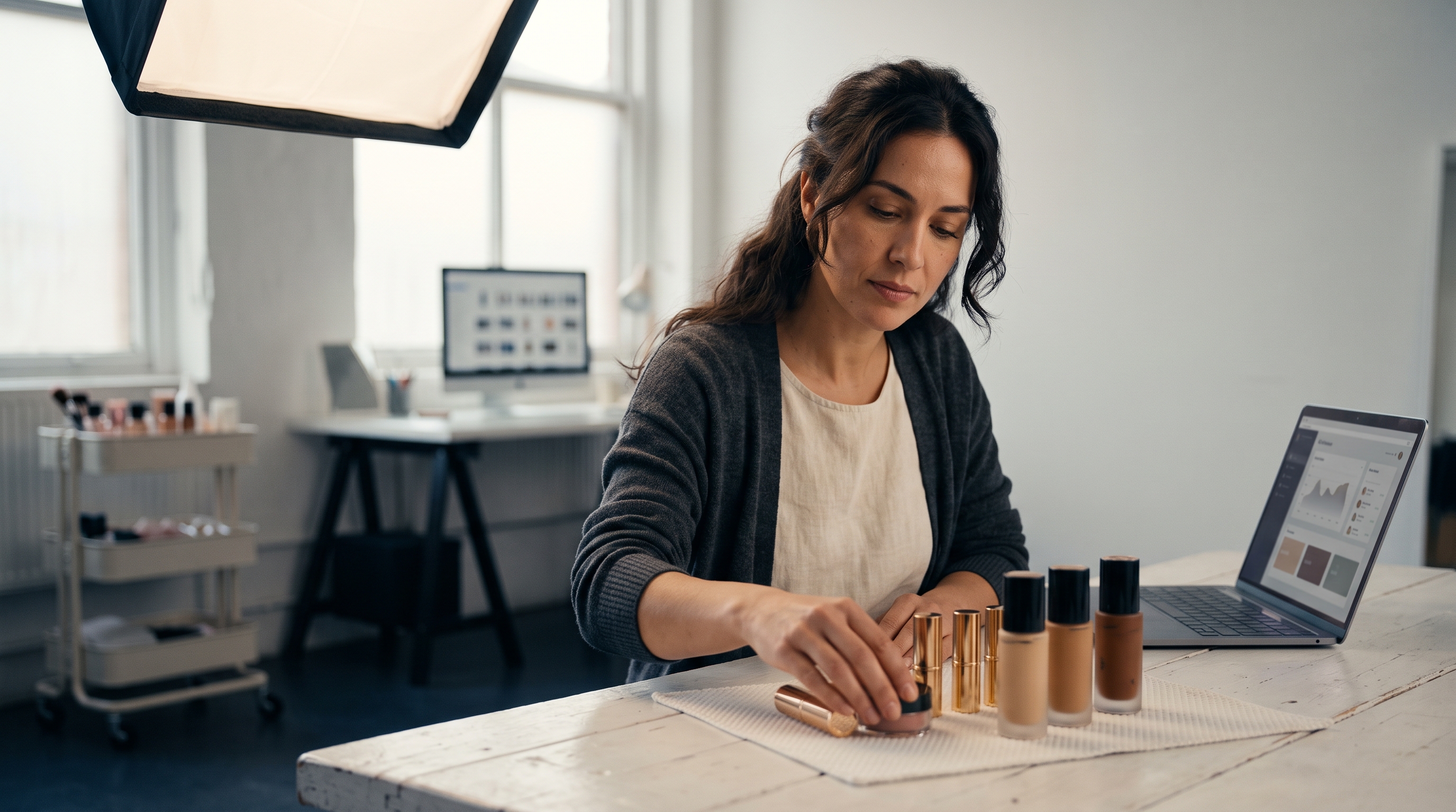 Beauty brand founder arranging lipstick and foundation bottles on a white table under a softbox light for product photos