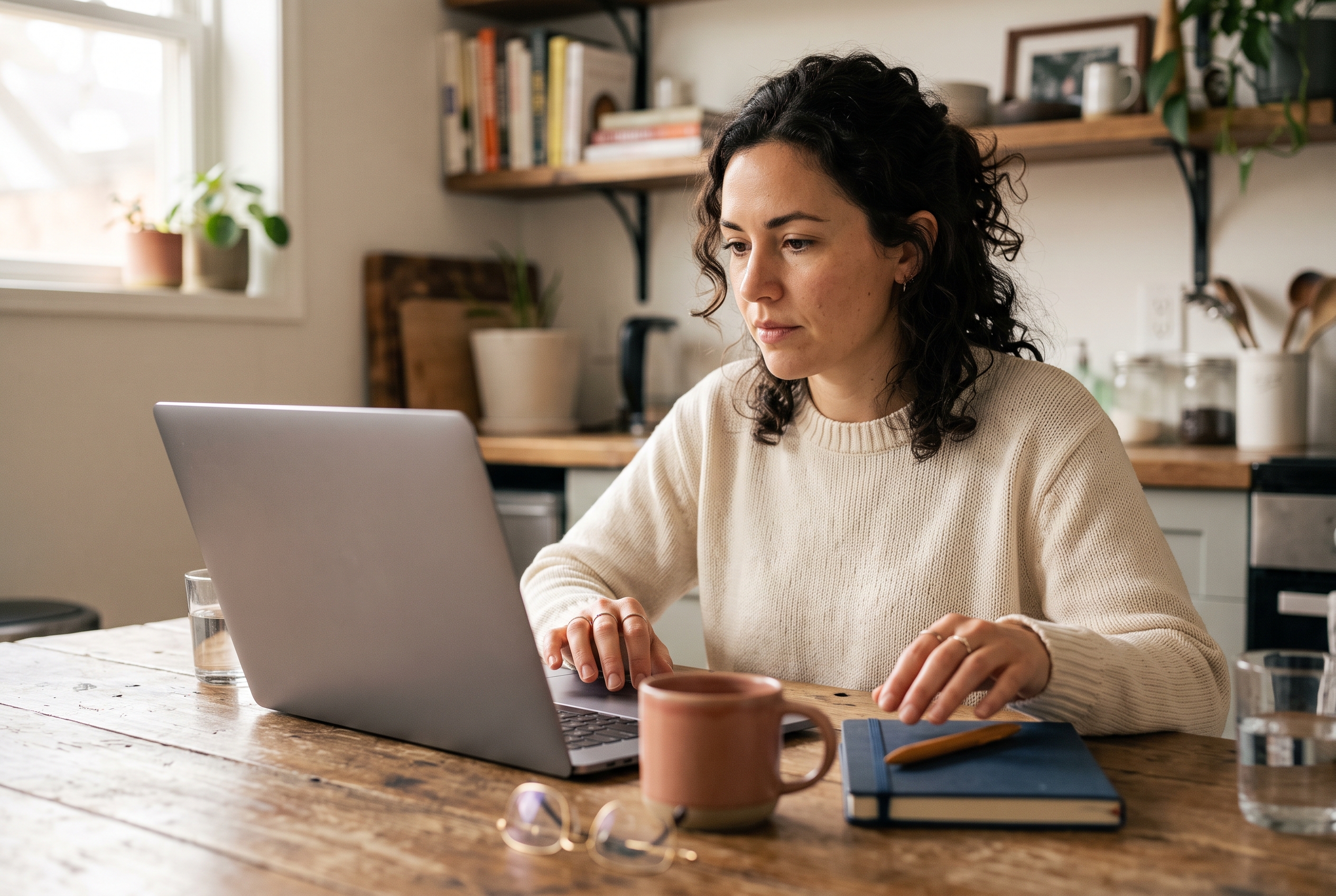 Small business owner comparing two ecommerce dashboards on a laptop at a kitchen table with a coffee mug and notebook
