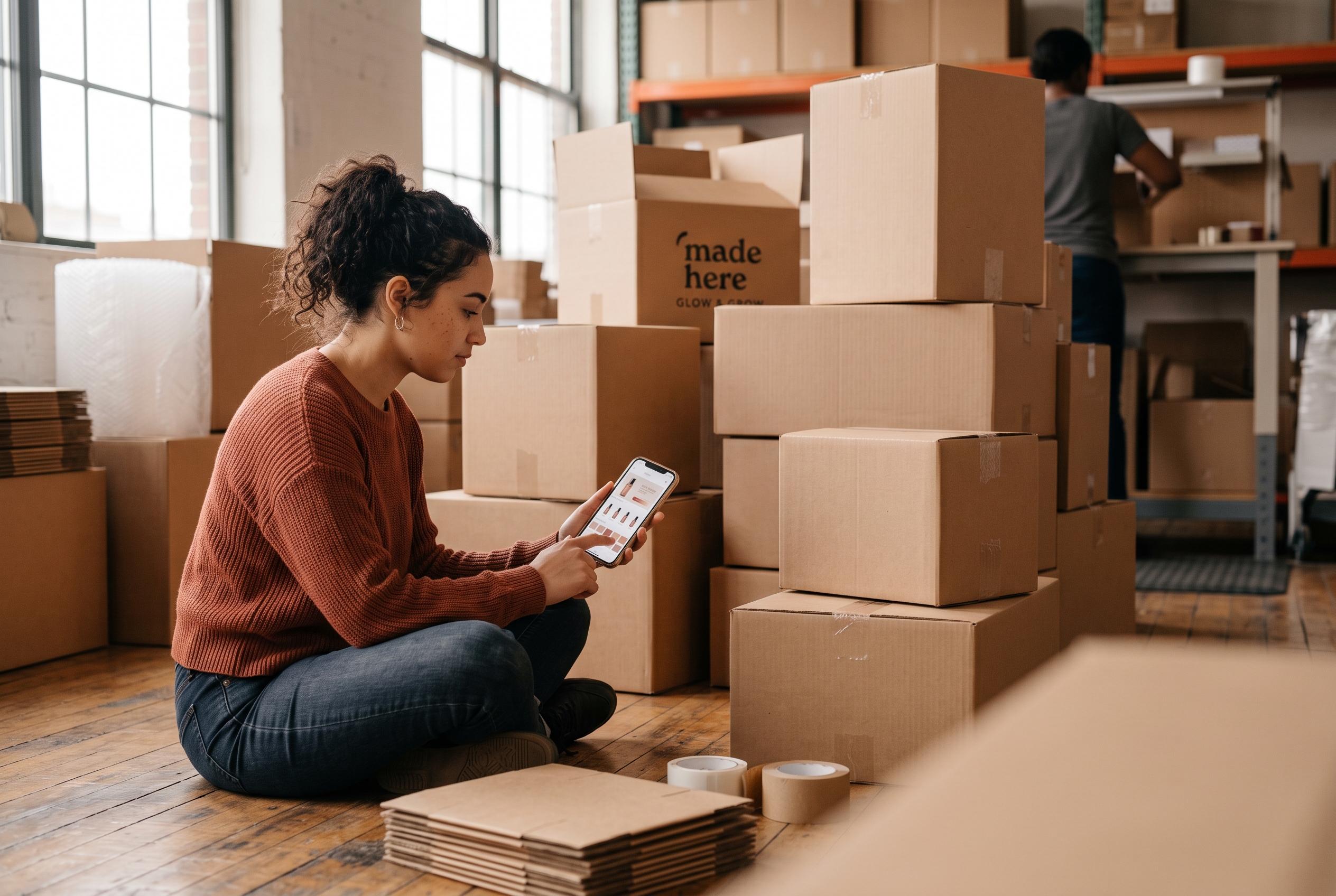 Founder checking her makeup store on a phone while sitting on a studio floor surrounded by shipping boxes ready for dispatch