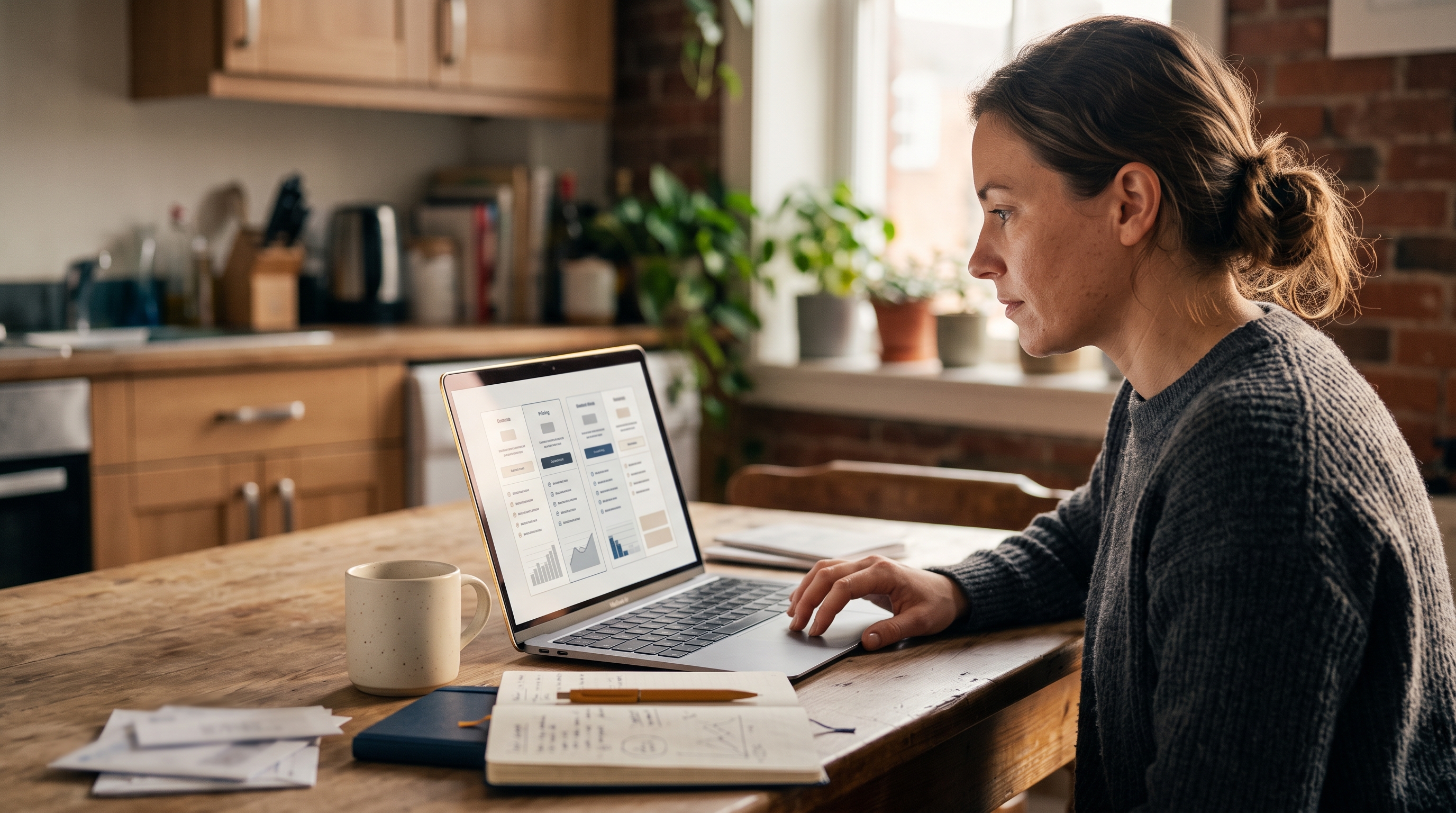 Small business owner comparing pricing tabs on a laptop at a kitchen table with a coffee mug and notebook