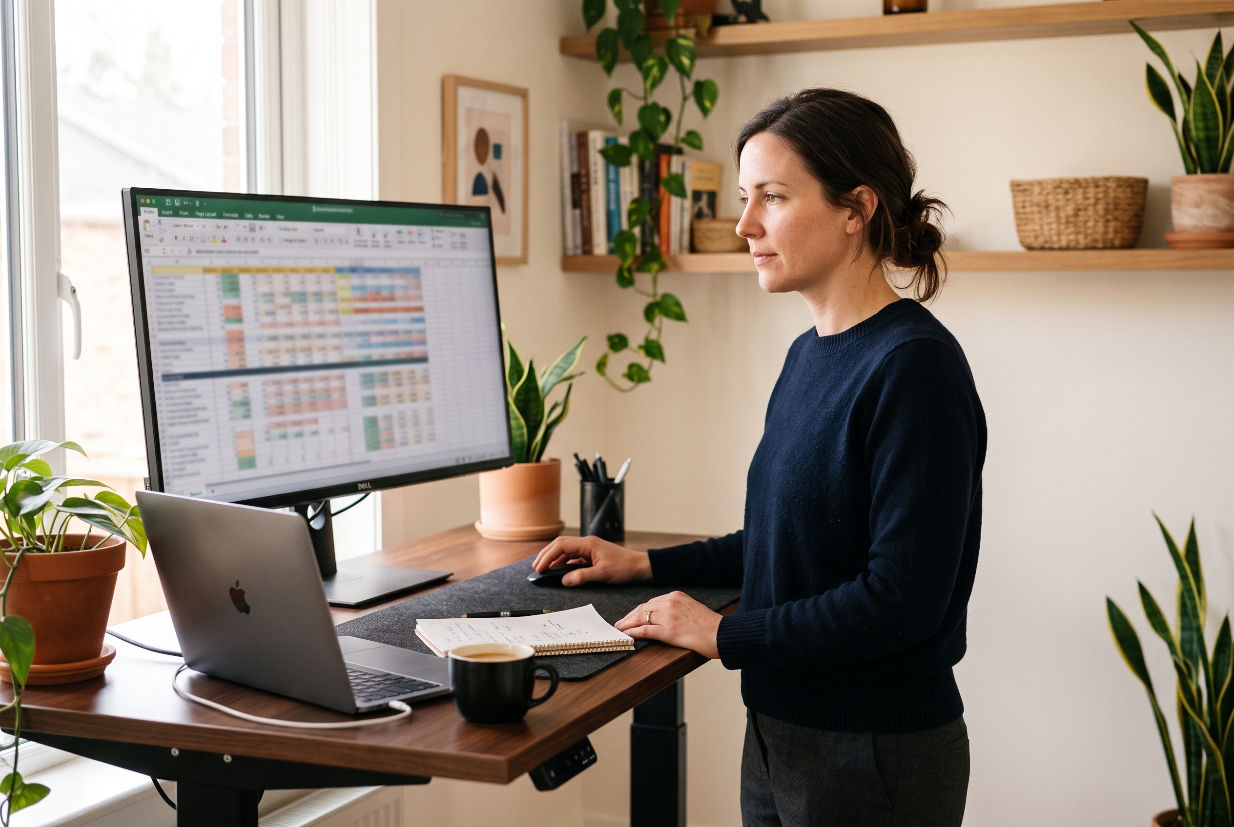 Founder at a standing desk reviewing a spreadsheet of software subscriptions on a wide monitor in a home office