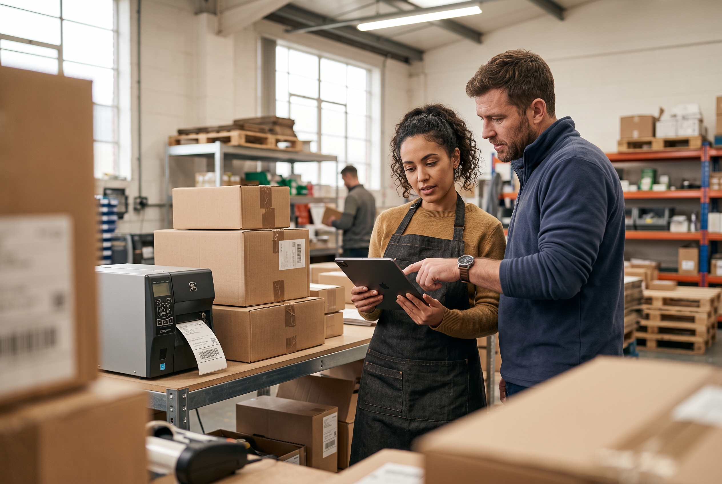 Two people reviewing a checklist on a tablet next to shipping boxes and a label printer in a small warehouse