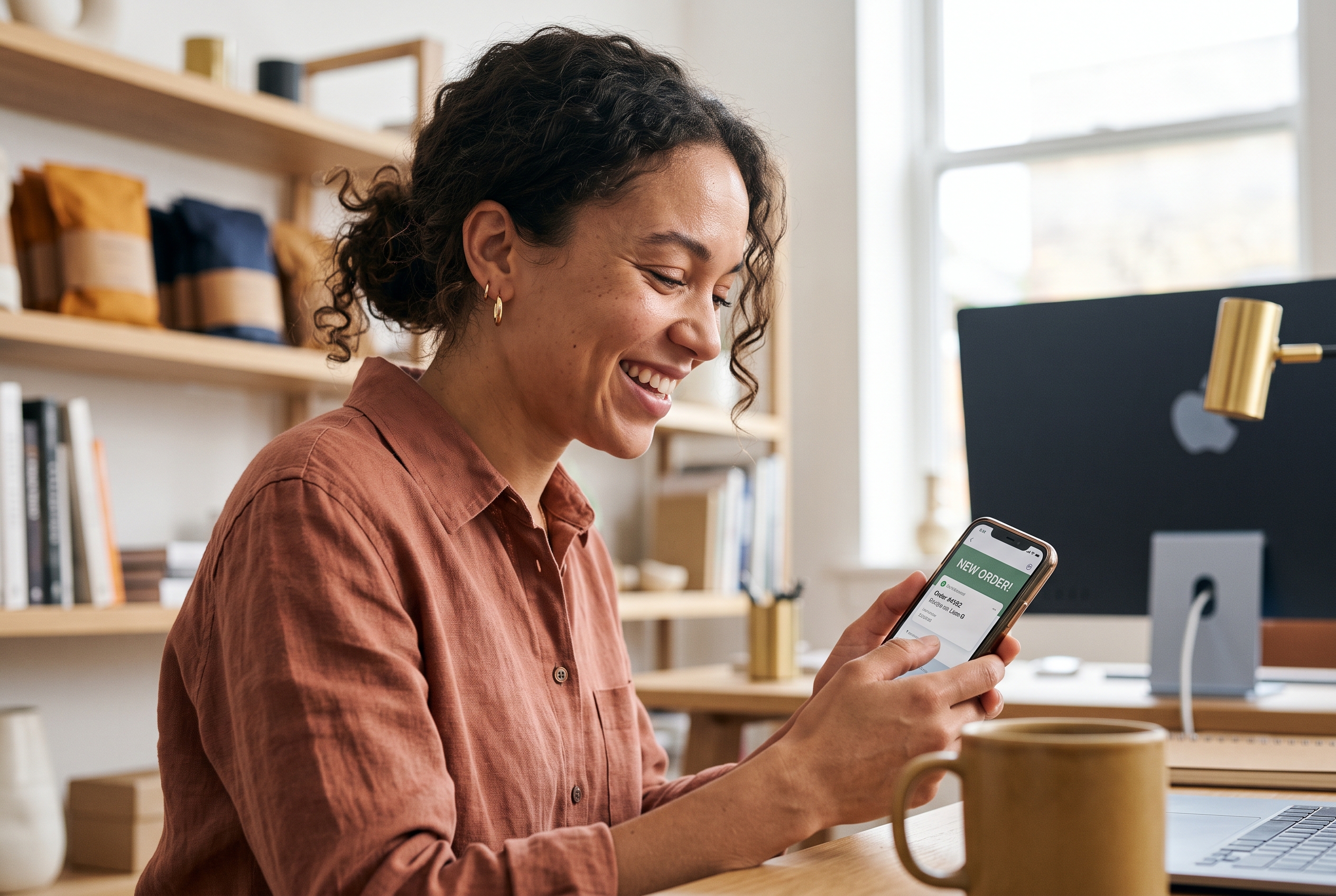 Entrepreneur smiling while checking a phone showing a new order notification in a bright product studio