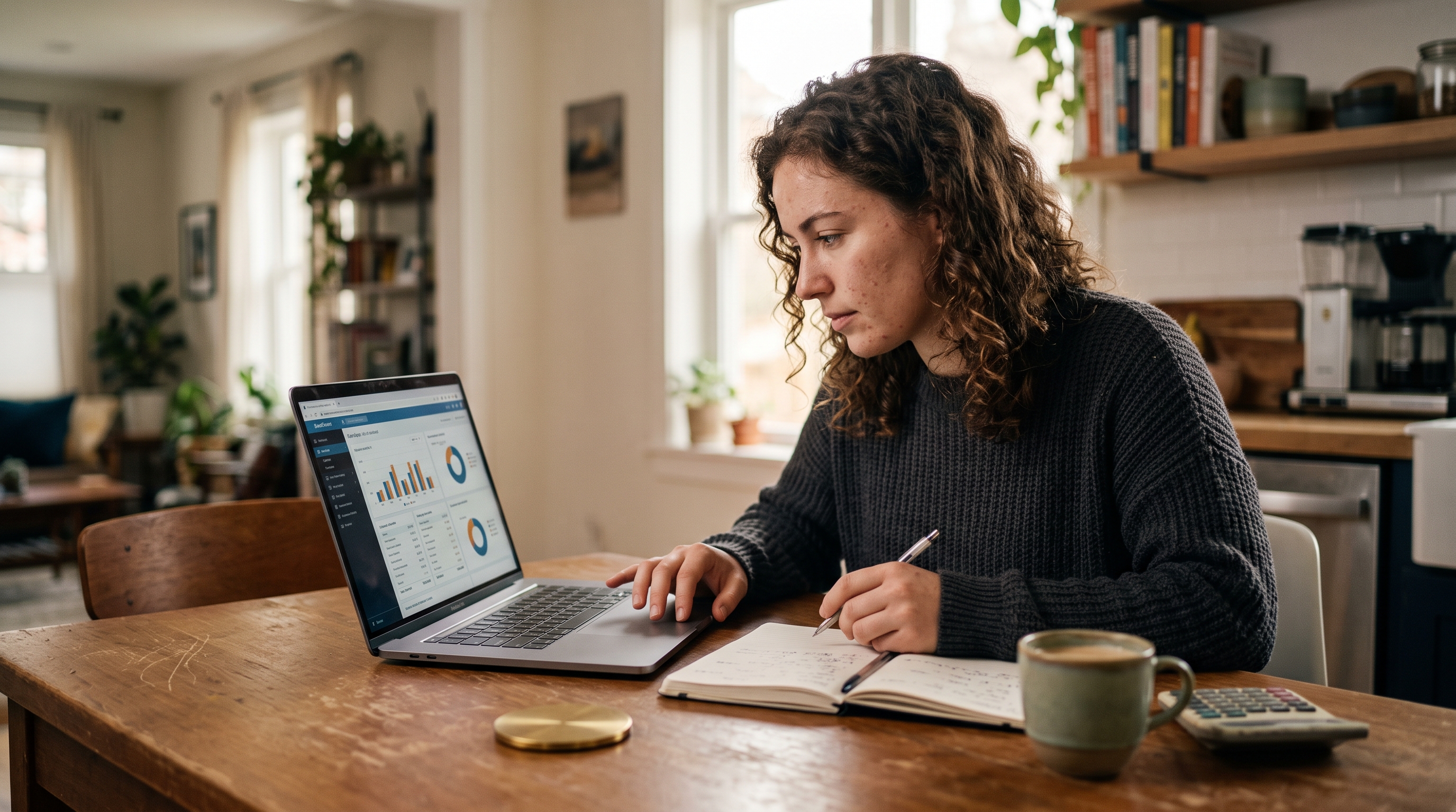 Small business owner reviewing store setup costs on a laptop at a kitchen table with a notebook and coffee