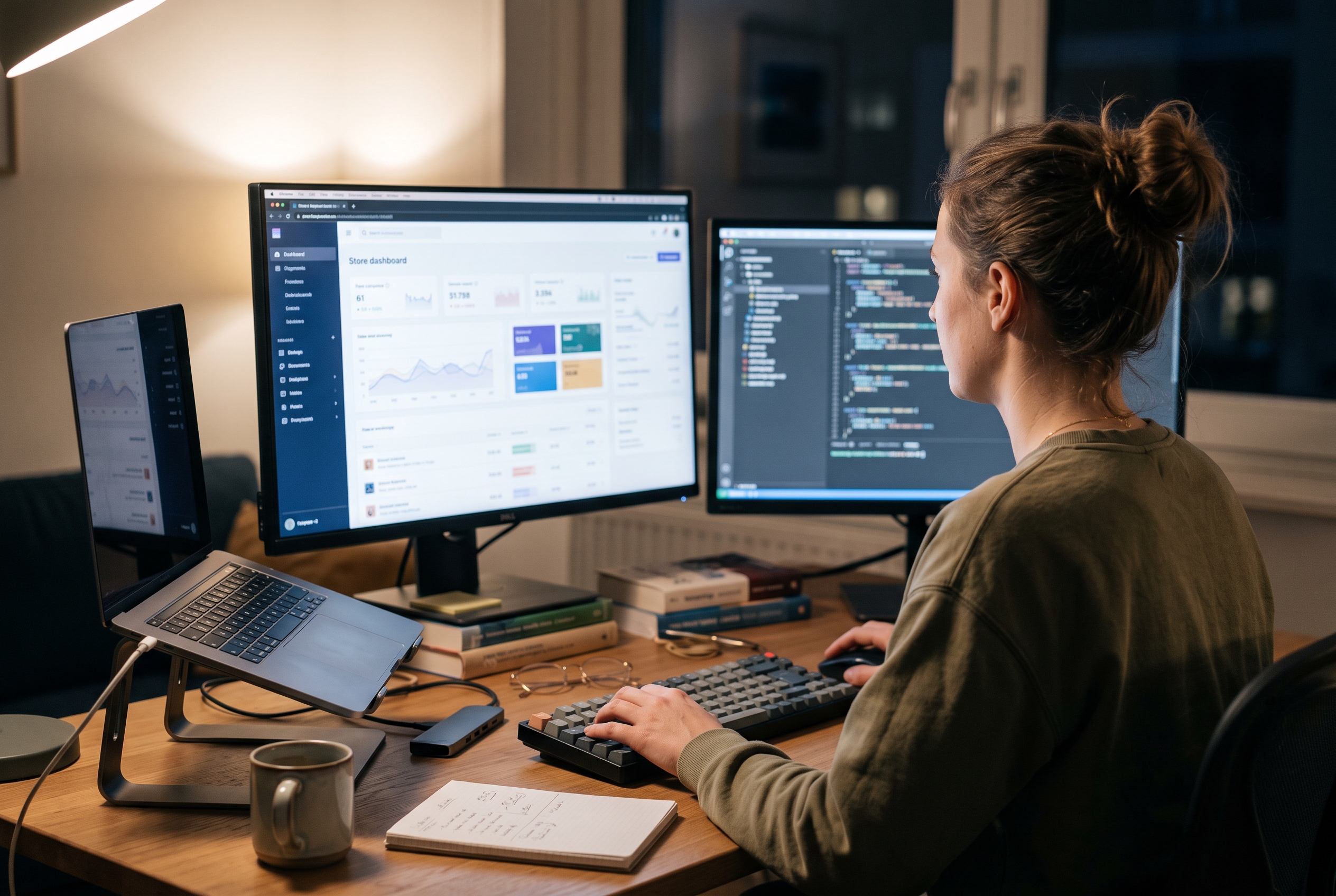 Freelance web developer working on a store dashboard across two monitors in a home office at night