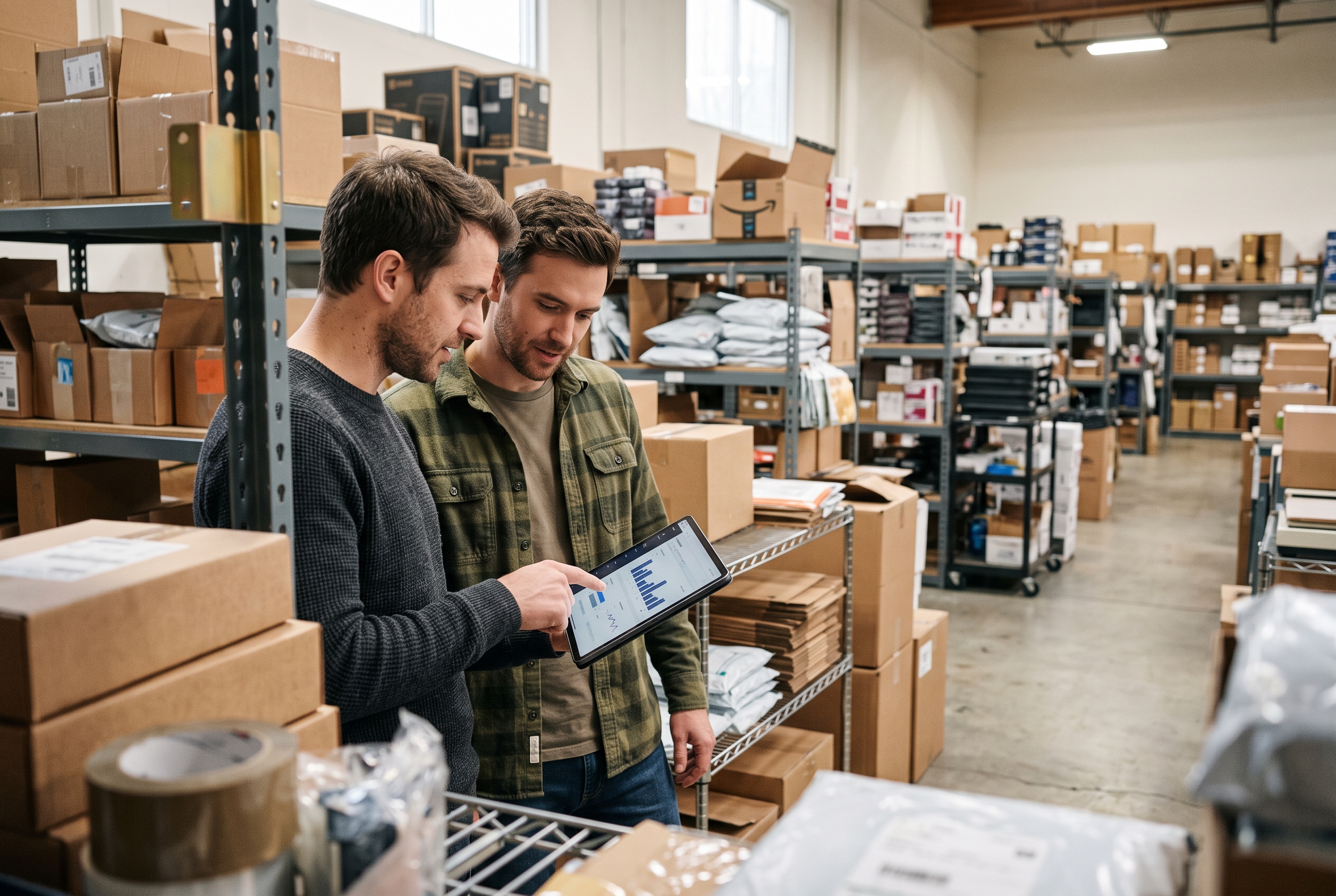Two founders comparing platform pricing on a tablet while standing among inventory shelves in a small warehouse