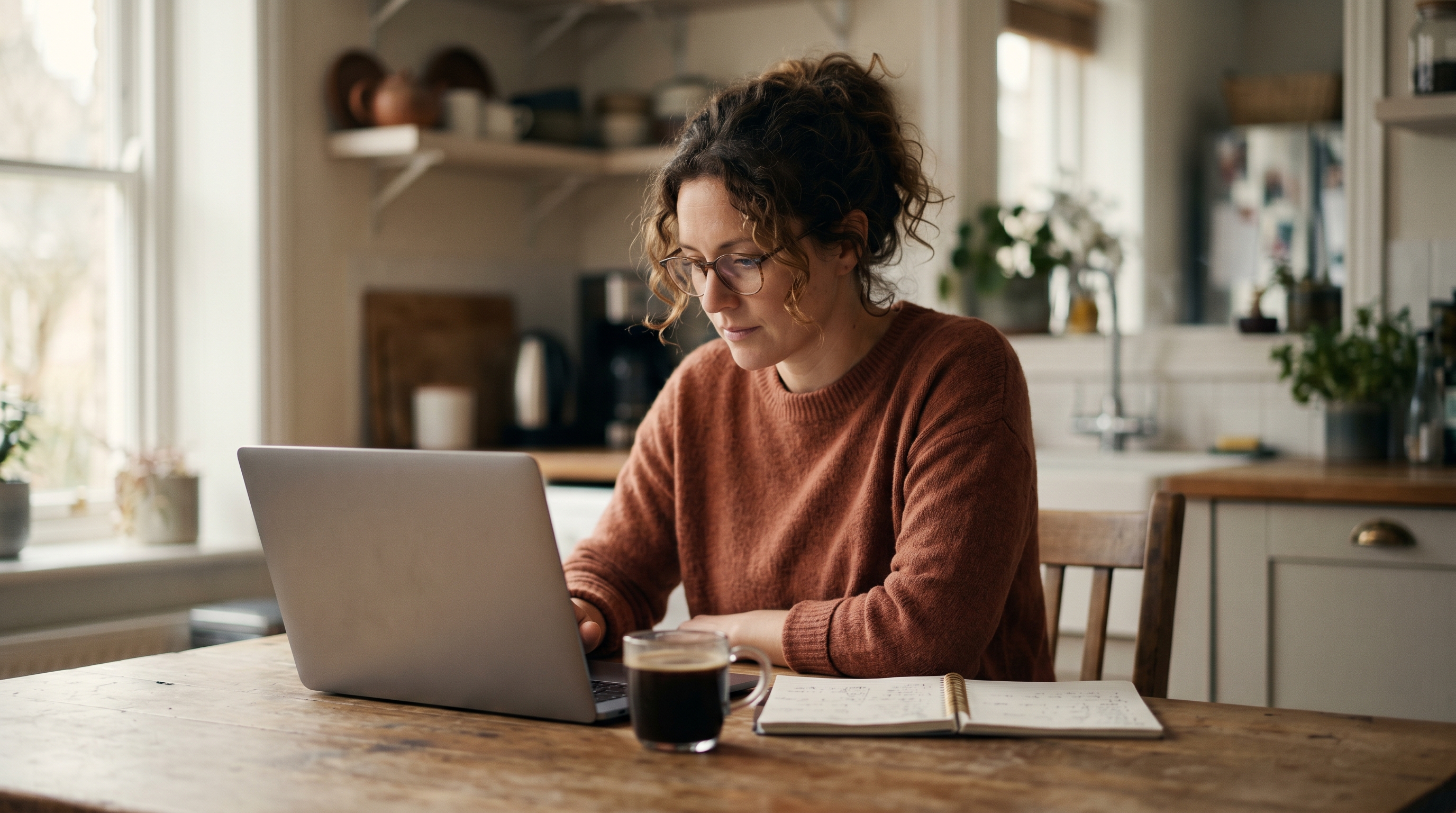 Small business owner sitting at a kitchen table reviewing store bills on a laptop with a notebook and coffee beside her