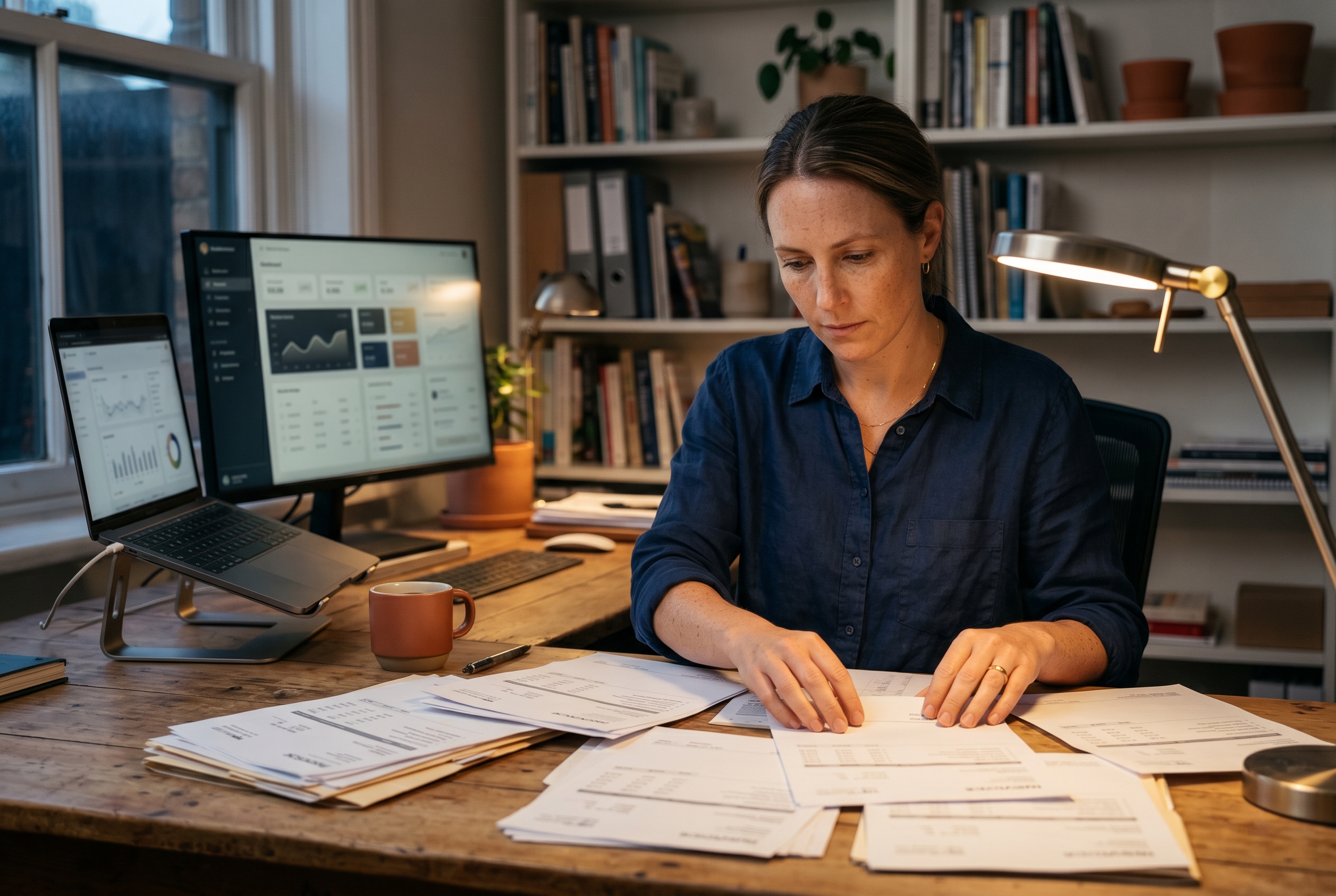 Founder spreading printed invoices across a desk to compare monthly software charges under a desk lamp