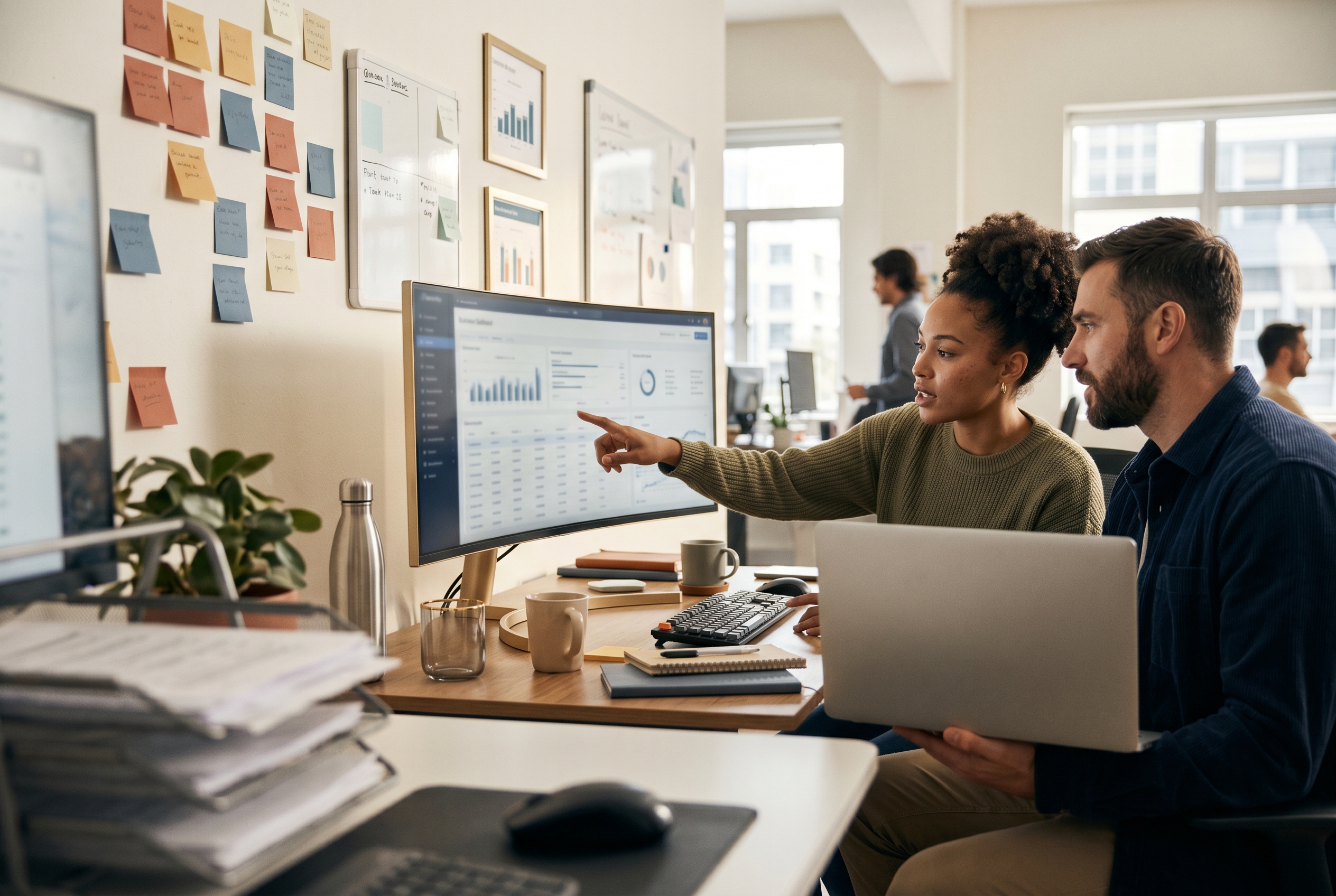 Two business partners comparing platform pricing on a wide monitor in a bright office with sticky notes on the wall