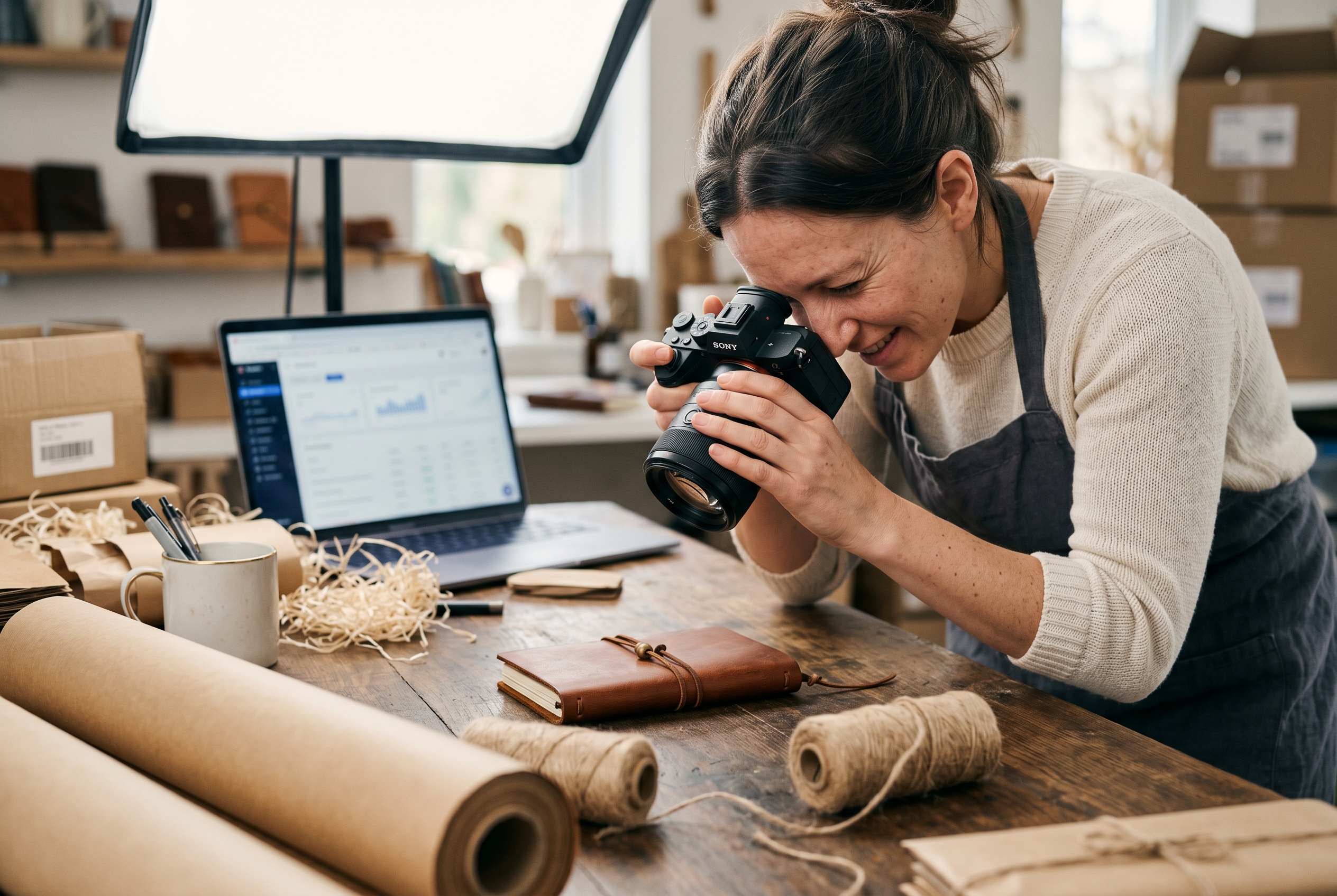 Store owner photographing a handmade product on a wooden table under a softbox light surrounded by packing materials