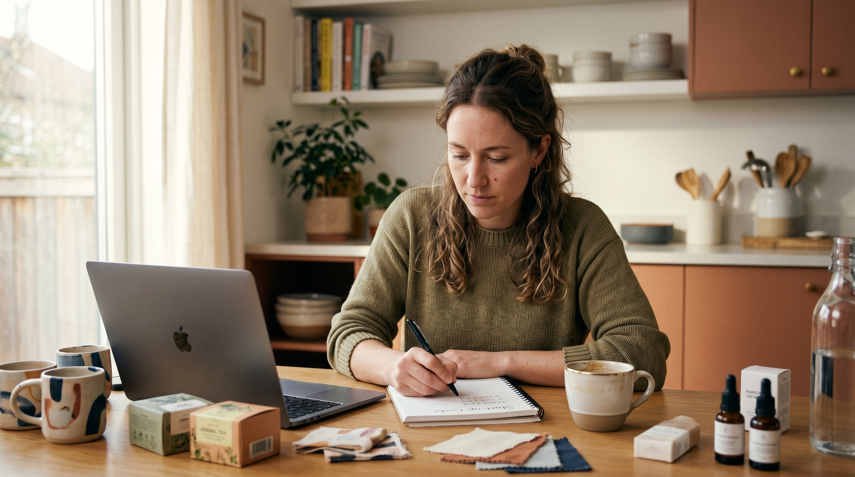 Small business owner sitting at a kitchen table with a laptop, calculating ecommerce startup costs on a notepad surrounded by product samples
