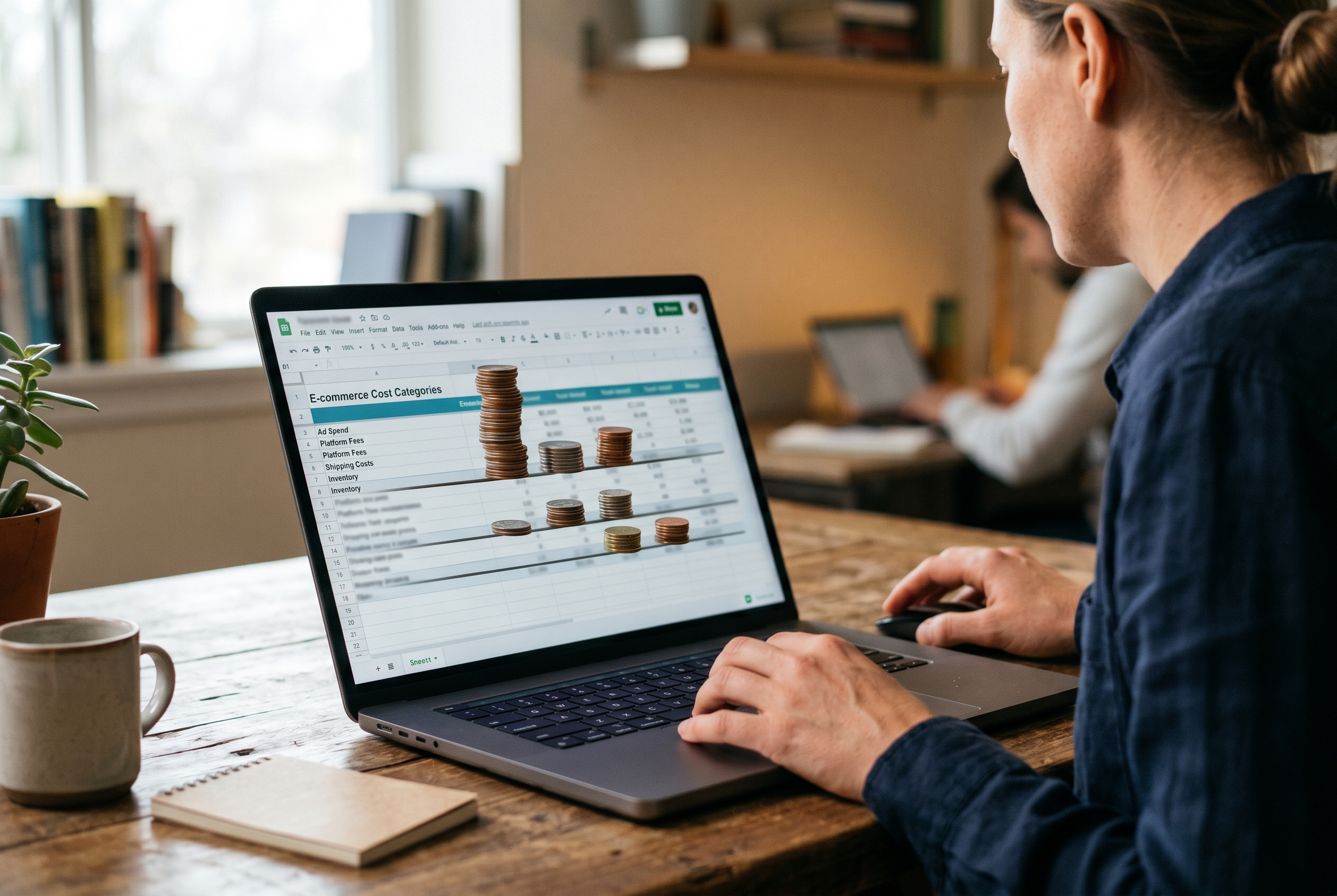 Spreadsheet on a laptop screen showing ecommerce cost categories with stacks of coins balanced on each row