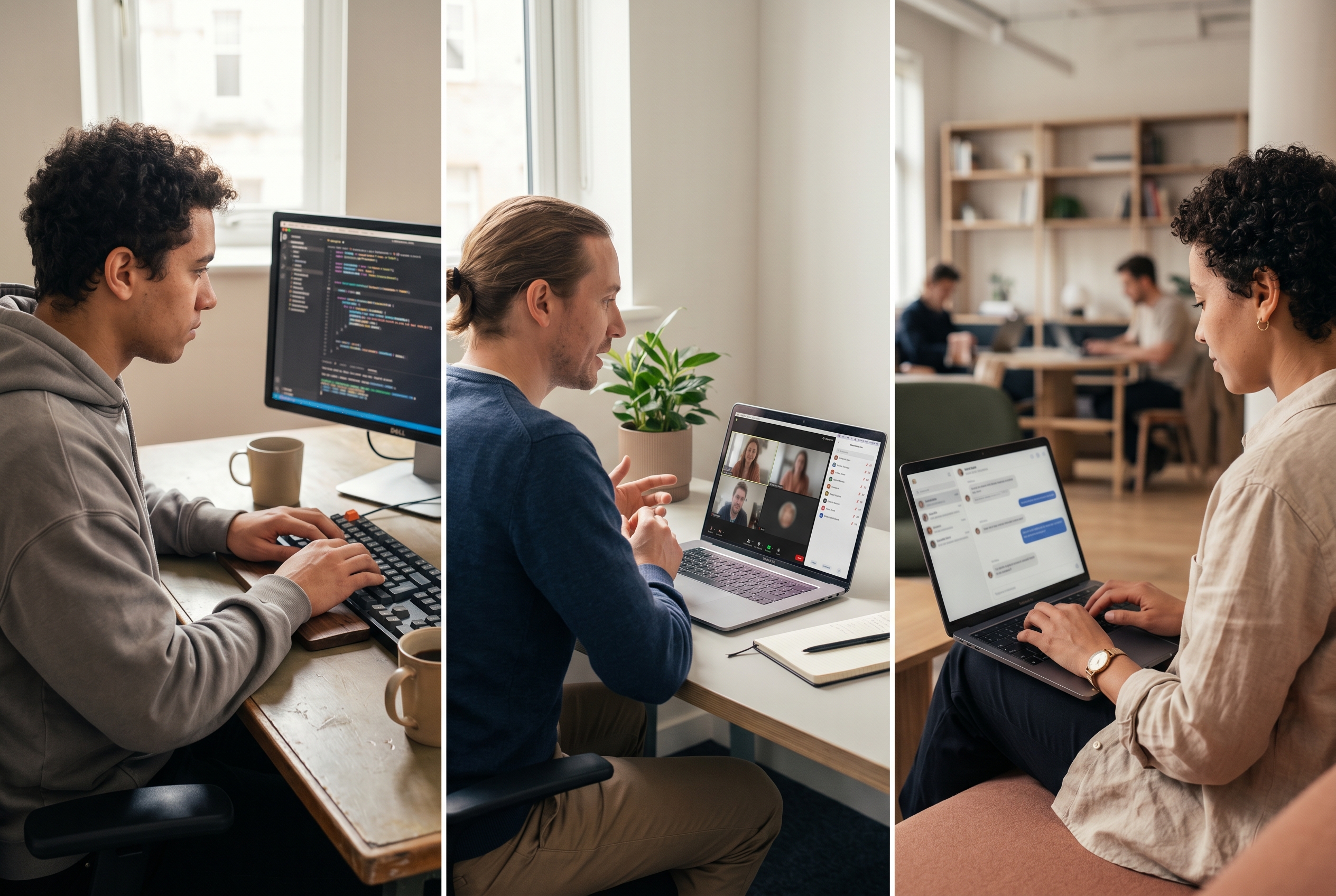 Three side-by-side scenes showing a developer typing code, a person on a video call with an agency, and a founder chatting with an AI assistant on a laptop