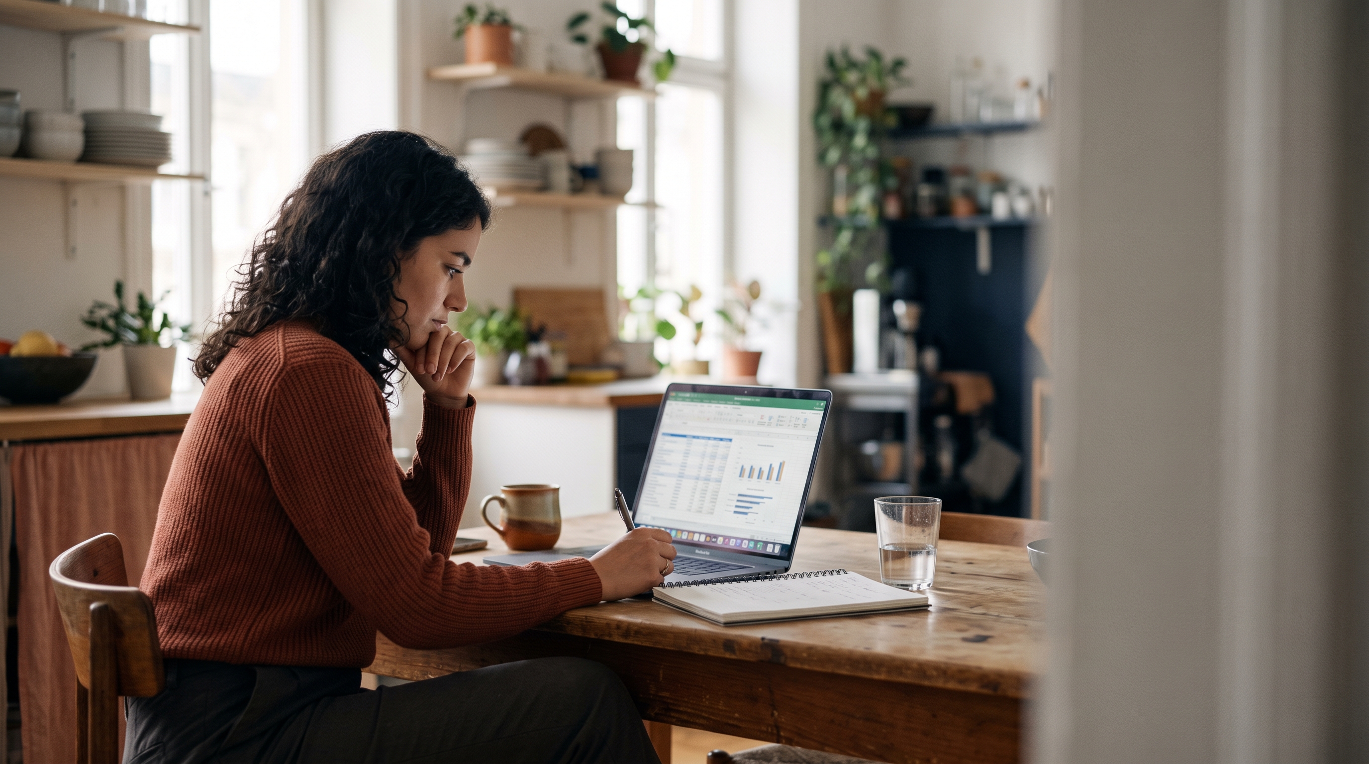 Founder at a kitchen table calculating startup costs on a laptop with a notebook and coffee beside her