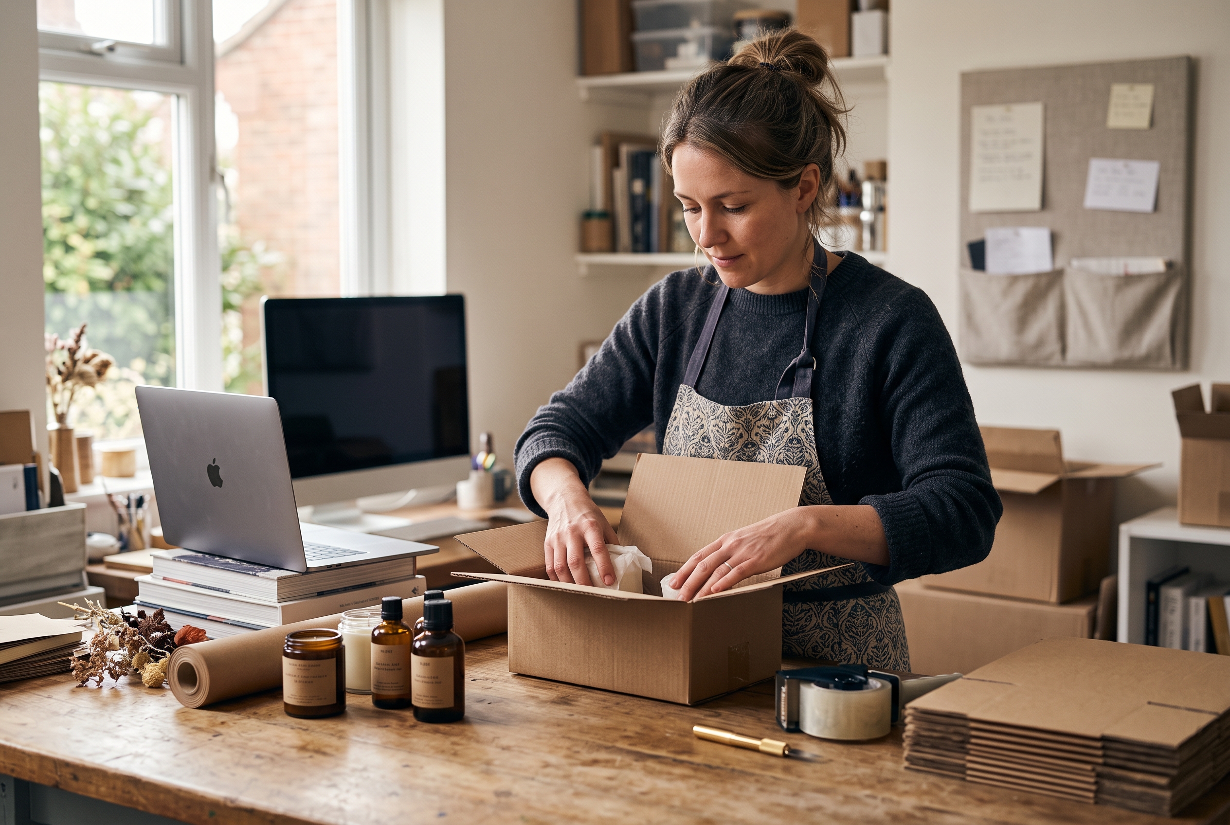 Small business owner packing handmade products into shipping boxes on a wooden workbench in a home studio