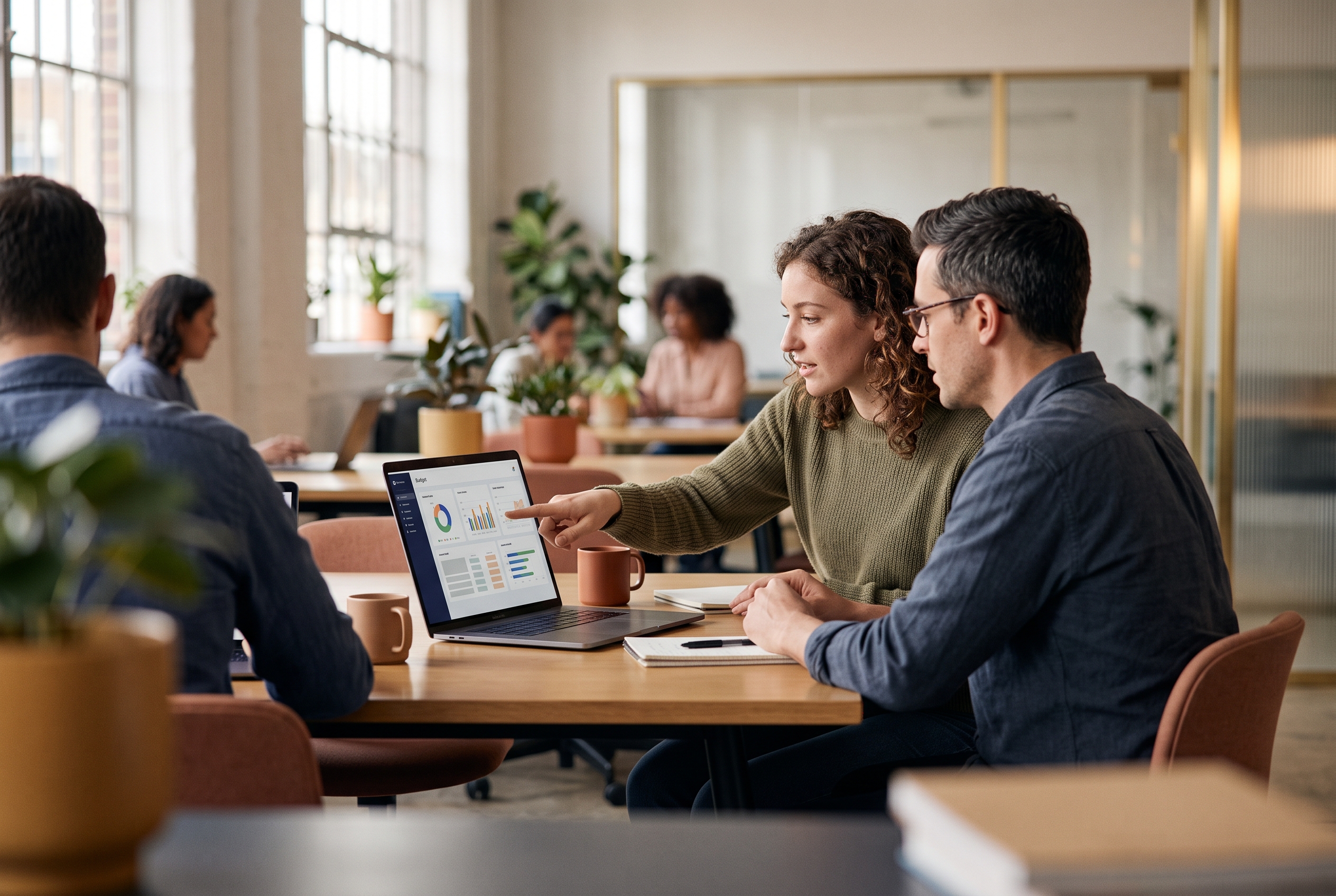 Two founders comparing budget spreadsheets on a laptop at a shared desk in a bright coworking space