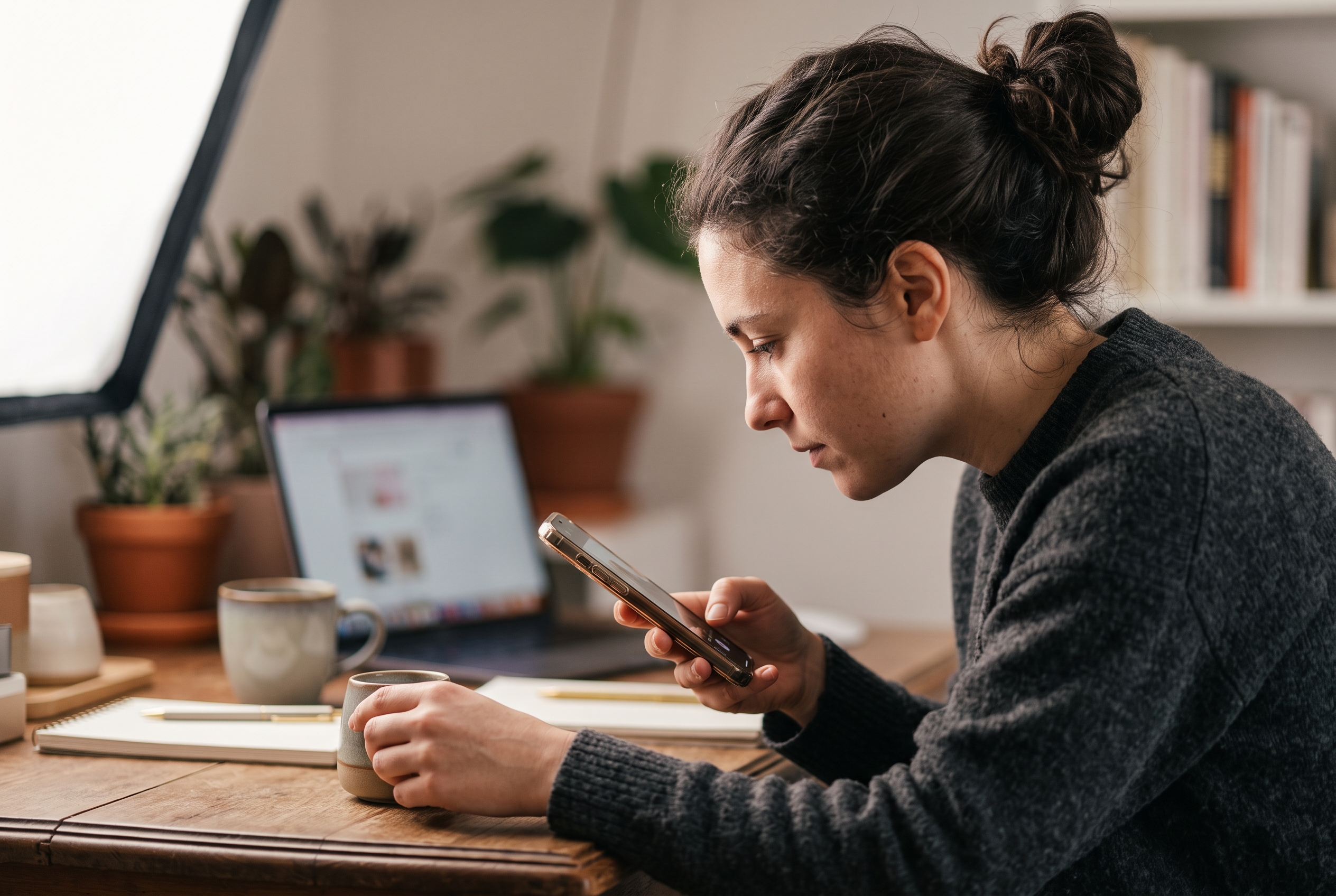 Entrepreneur photographing a product with a phone under a softbox light on a tidy desk at home