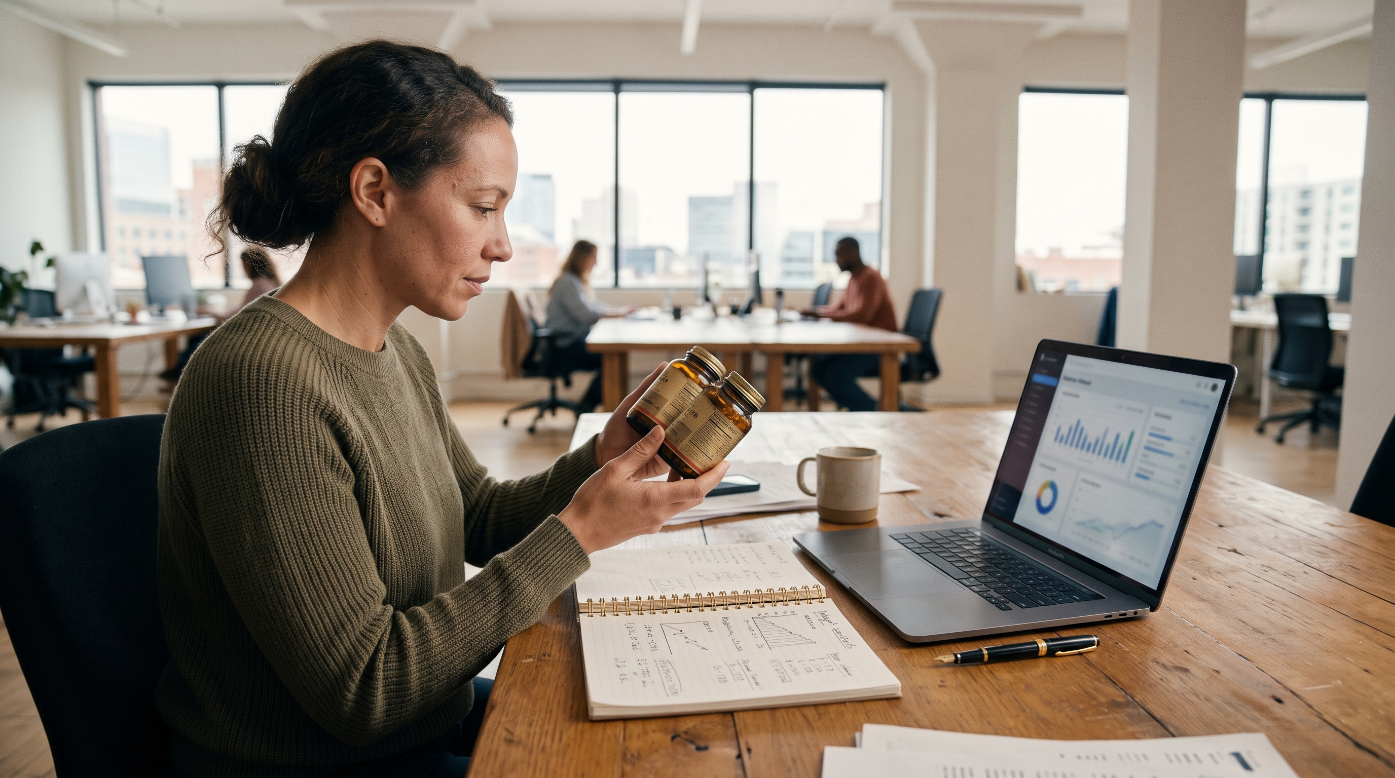 Founder comparing supplement bottle samples and a handwritten budget notebook on a wooden desk beside a laptop