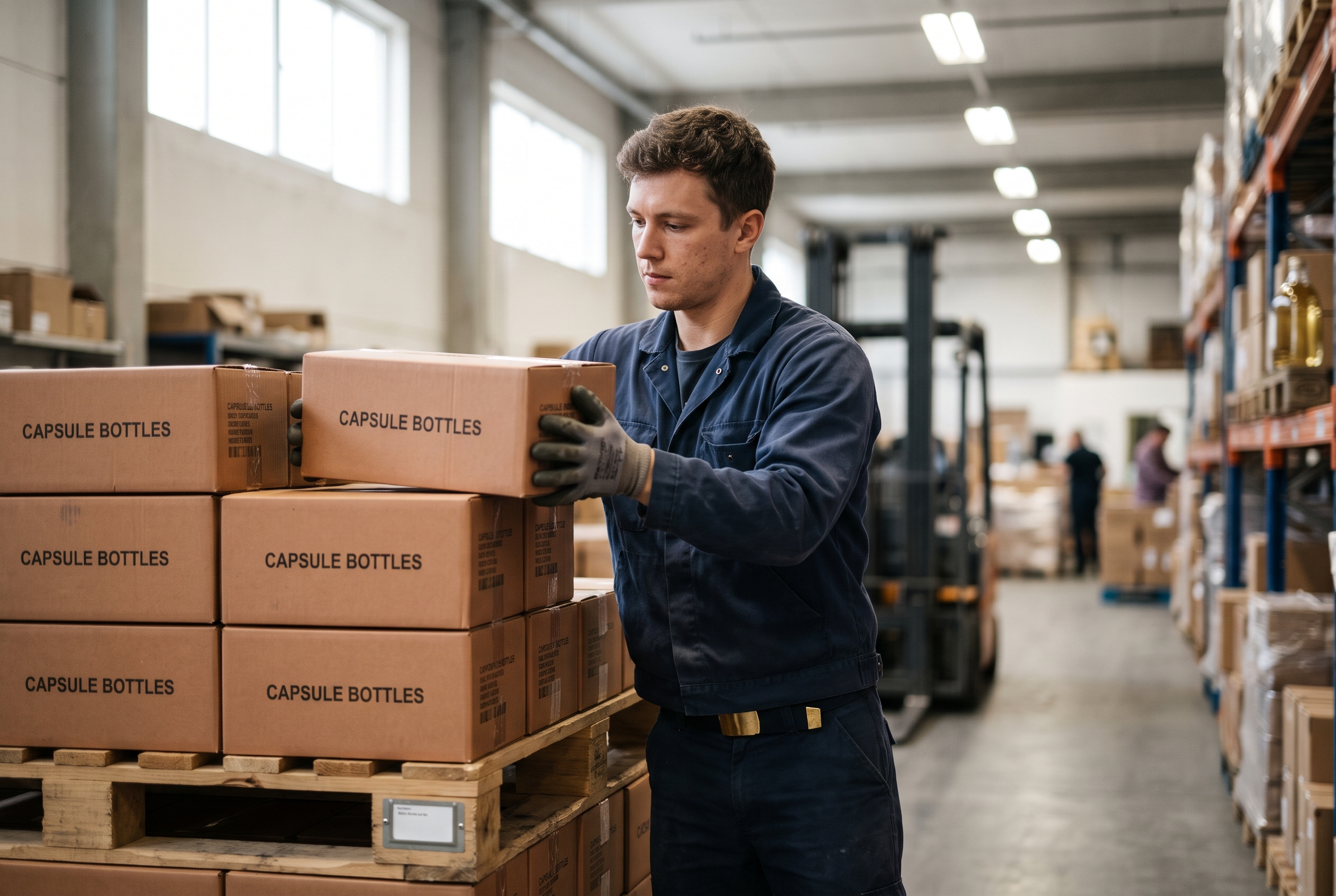 Supplement manufacturer's warehouse worker stacking boxes of capsule bottles on a pallet under bright overhead lights