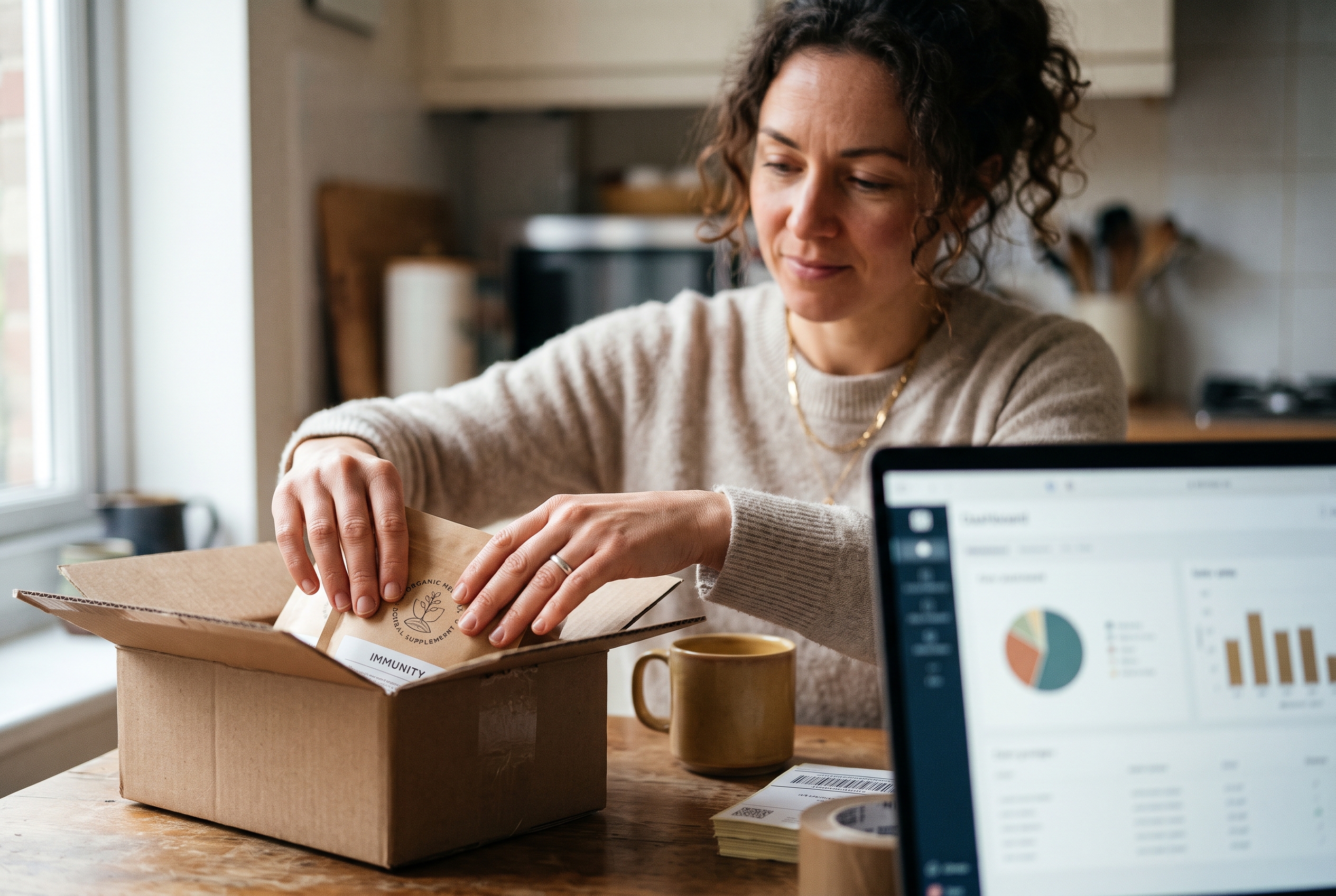 Supplement founder packing orders at a kitchen table with a laptop showing an order dashboard nearby