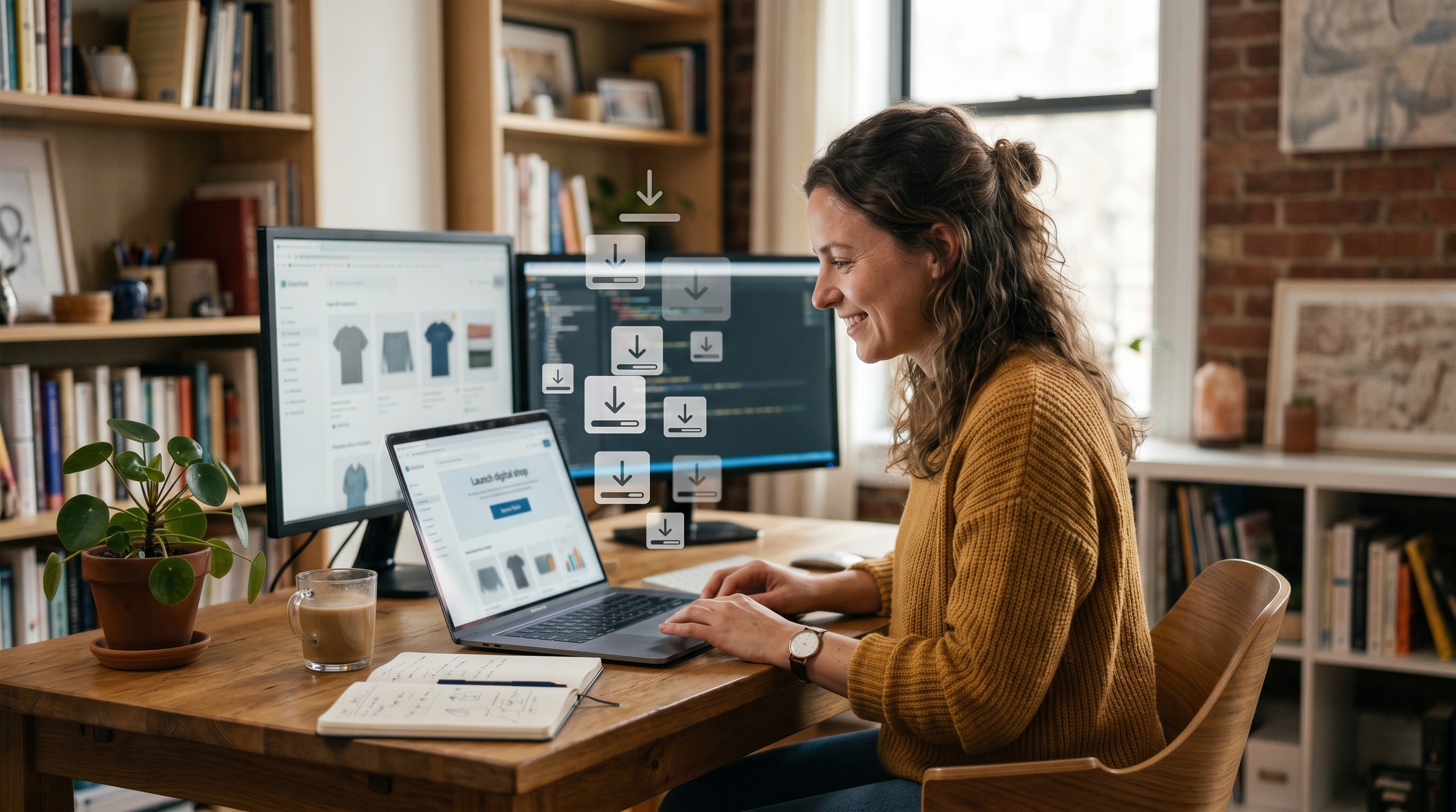 Independent creator sitting at a desk launching a digital product storefront on a laptop with download icons floating around the screen