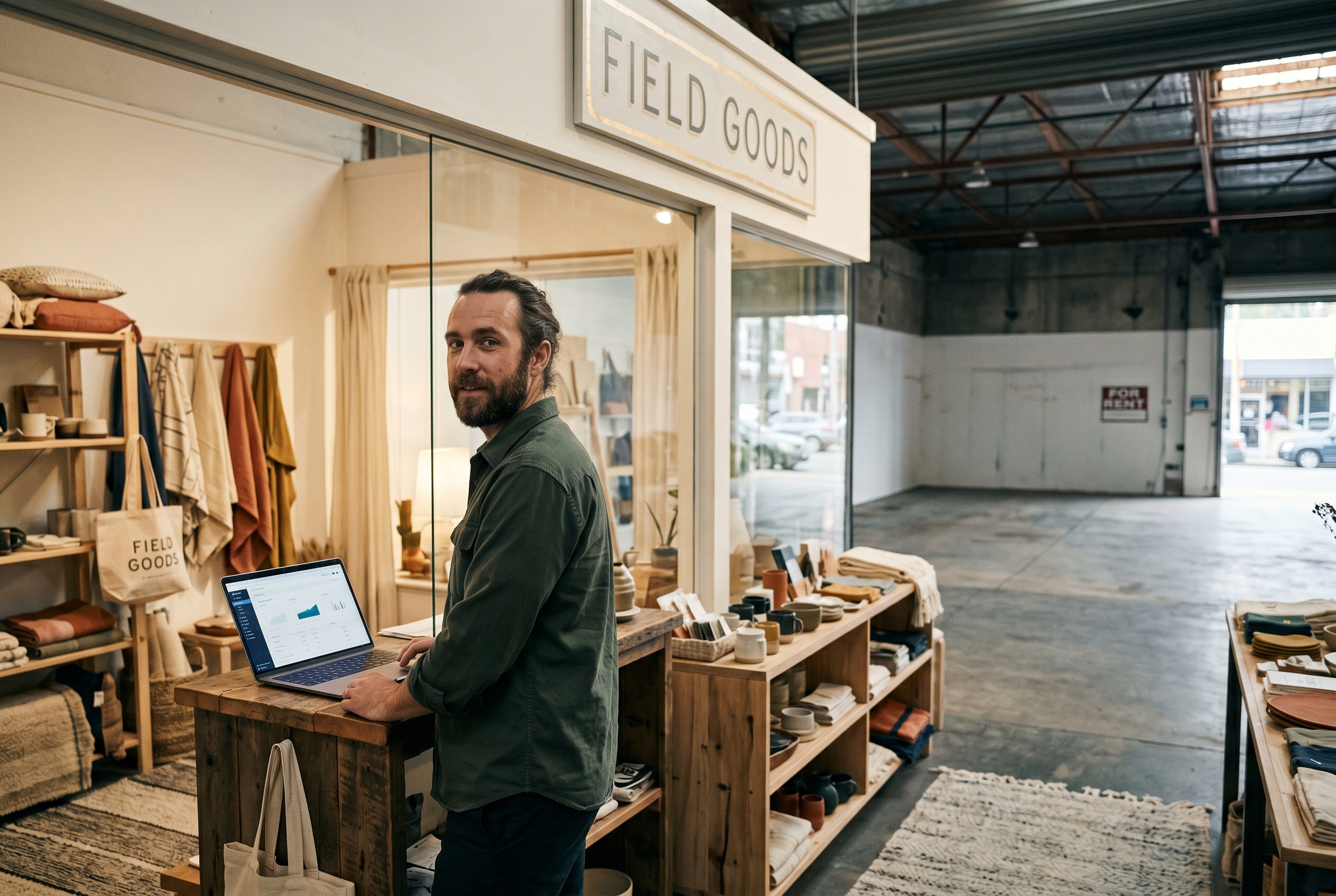 Shop owner standing inside their own branded storefront while a marketplace warehouse sits empty next door, symbolizing brand ownership versus rented platforms