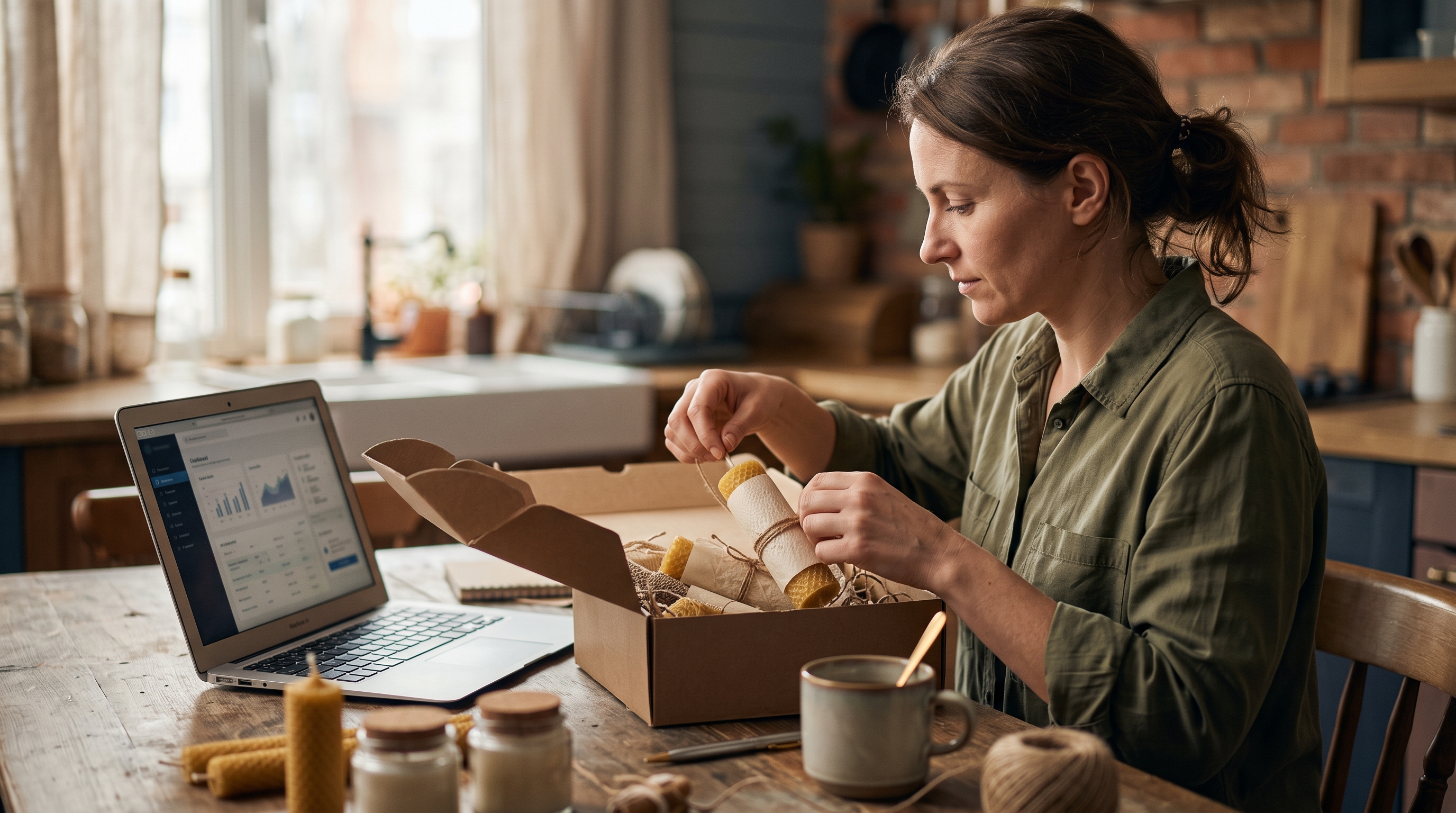 Small business owner unpacking handmade candles at a kitchen table with a laptop open beside her